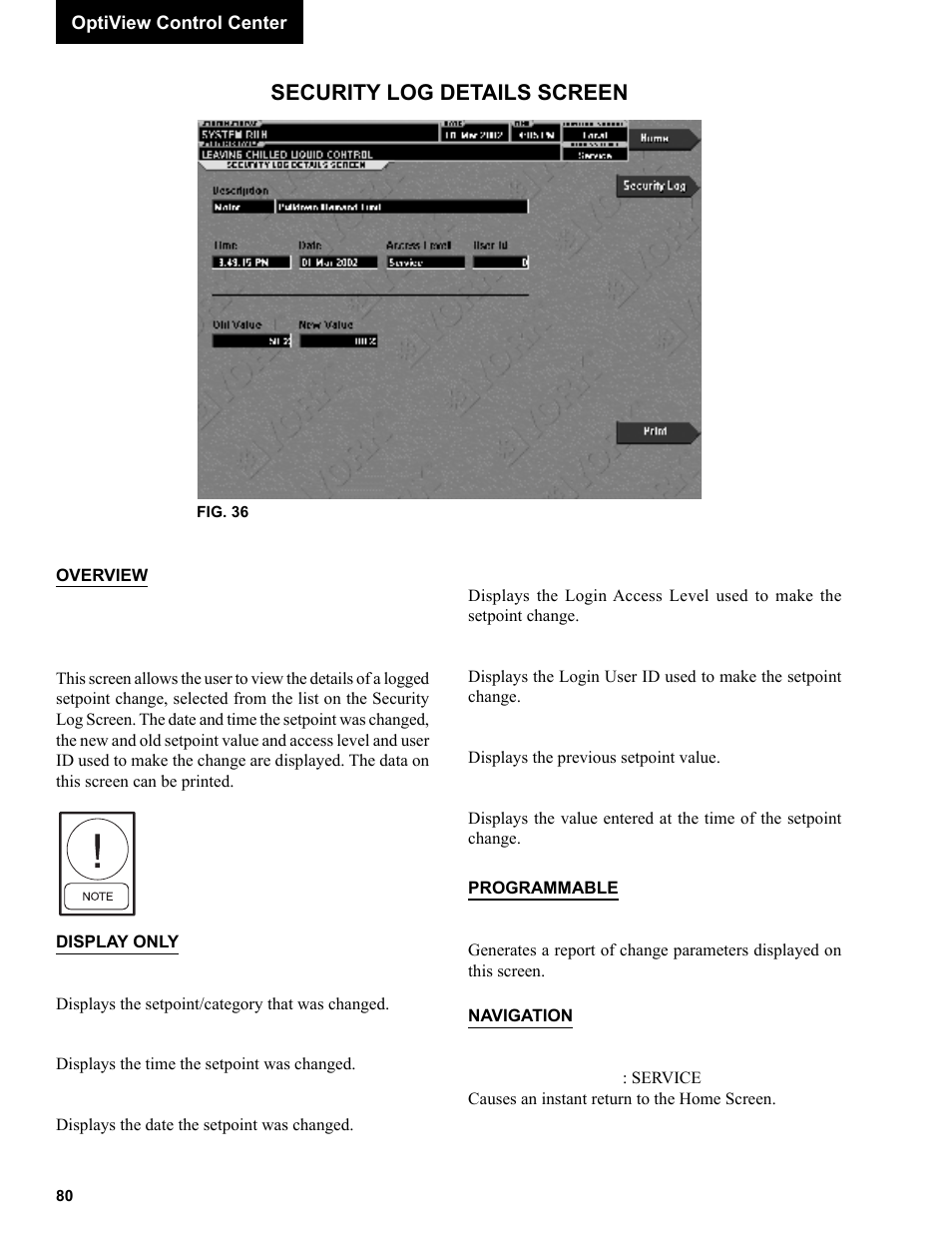 Security log details screen | York R123 User Manual | Page 80 / 156