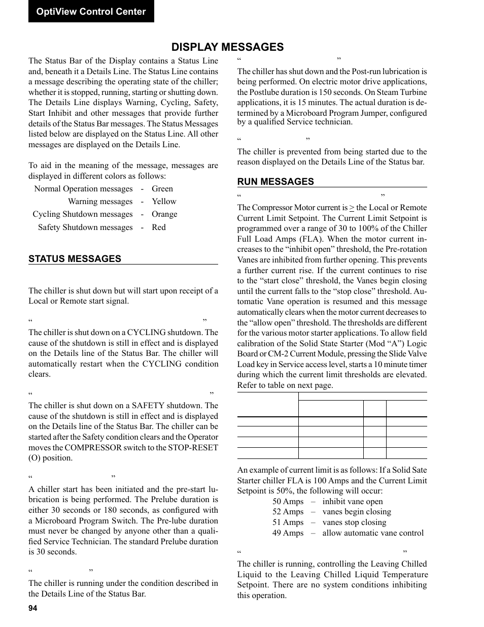 Display messages, Status messages, Run messages | York R123 User Manual | Page 94 / 156