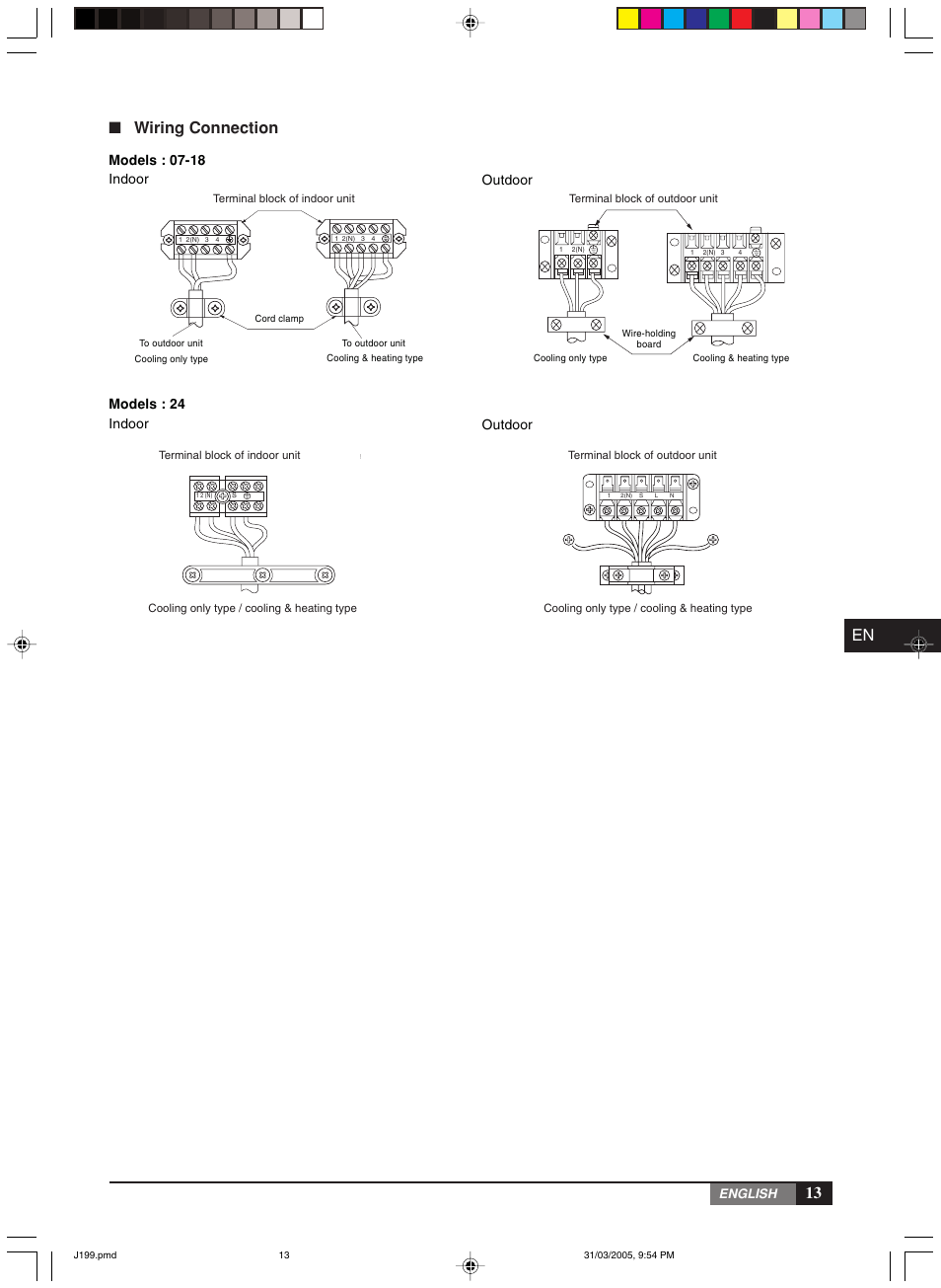 En ■ wiring connection, Models : 07-18 indoor outdoor, Models : 24 indoor outdoor | York MiniSplit High Wall MLCA-MLHA-07-24 User Manual | Page 13 / 22