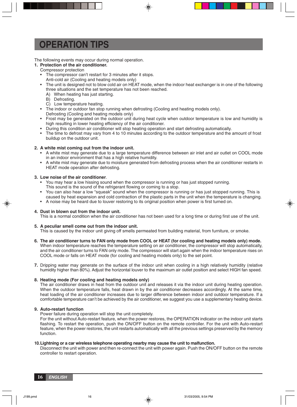 Operation tips | York MiniSplit High Wall MLCA-MLHA-07-24 User Manual | Page 16 / 22