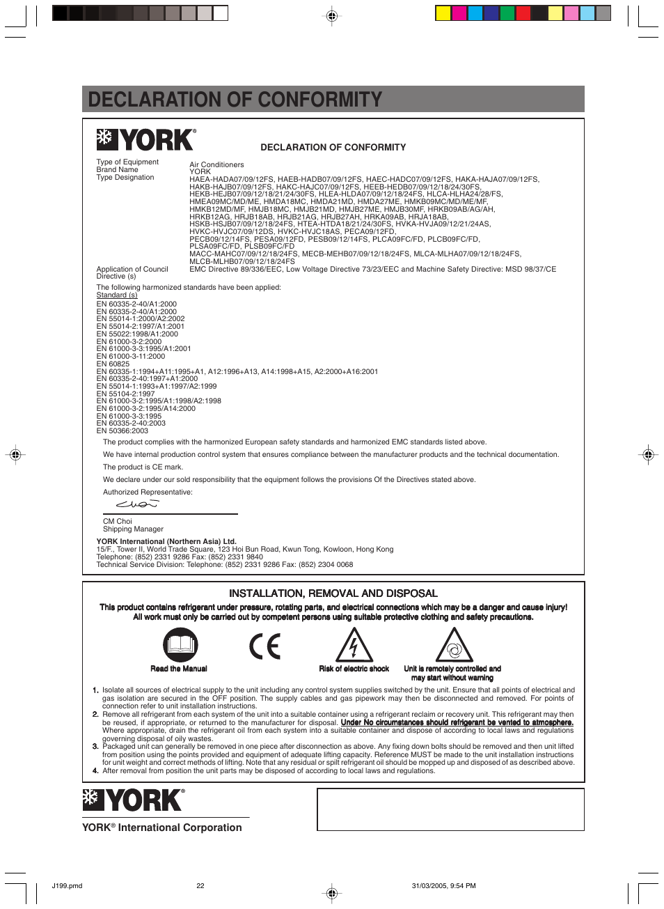 Declaración de conformidad, Declaration of conformity | York MiniSplit High Wall MLCA-MLHA-07-24 User Manual | Page 22 / 22