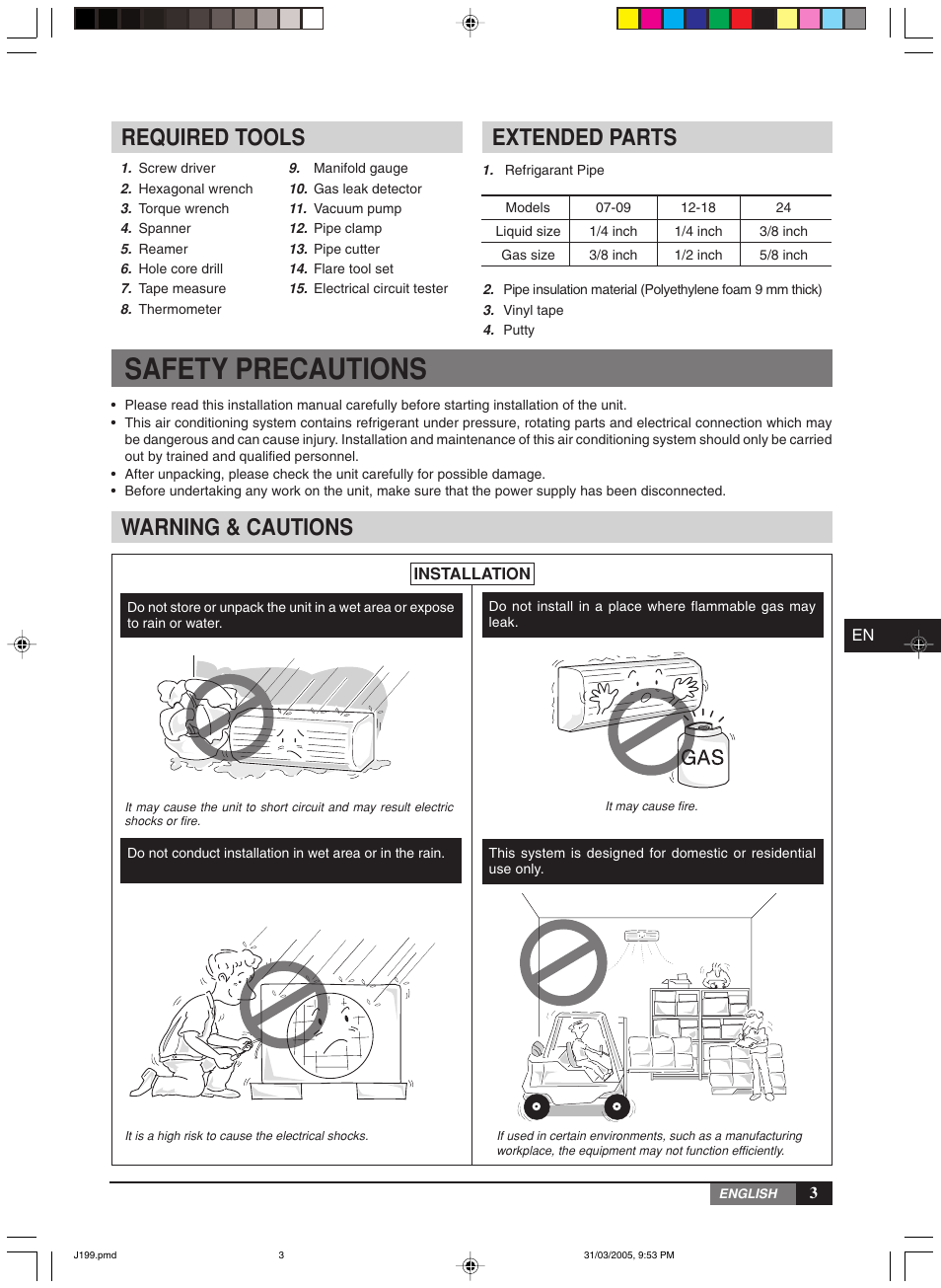 Safety precautions, Extended parts, Required tools | Warning & cautions | York MiniSplit High Wall MLCA-MLHA-07-24 User Manual | Page 3 / 22