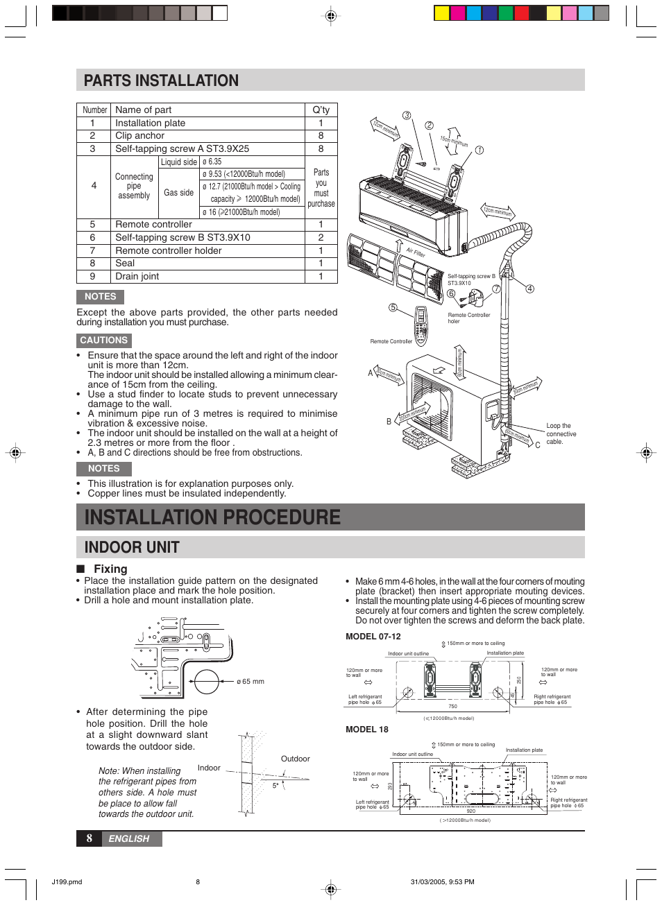 Installation procedure, Parts installation, Indoor unit | Fixing, Parts you must purchase, English, Connecting pipe assembly, Cautions, Liquid side | York MiniSplit High Wall MLCA-MLHA-07-24 User Manual | Page 8 / 22