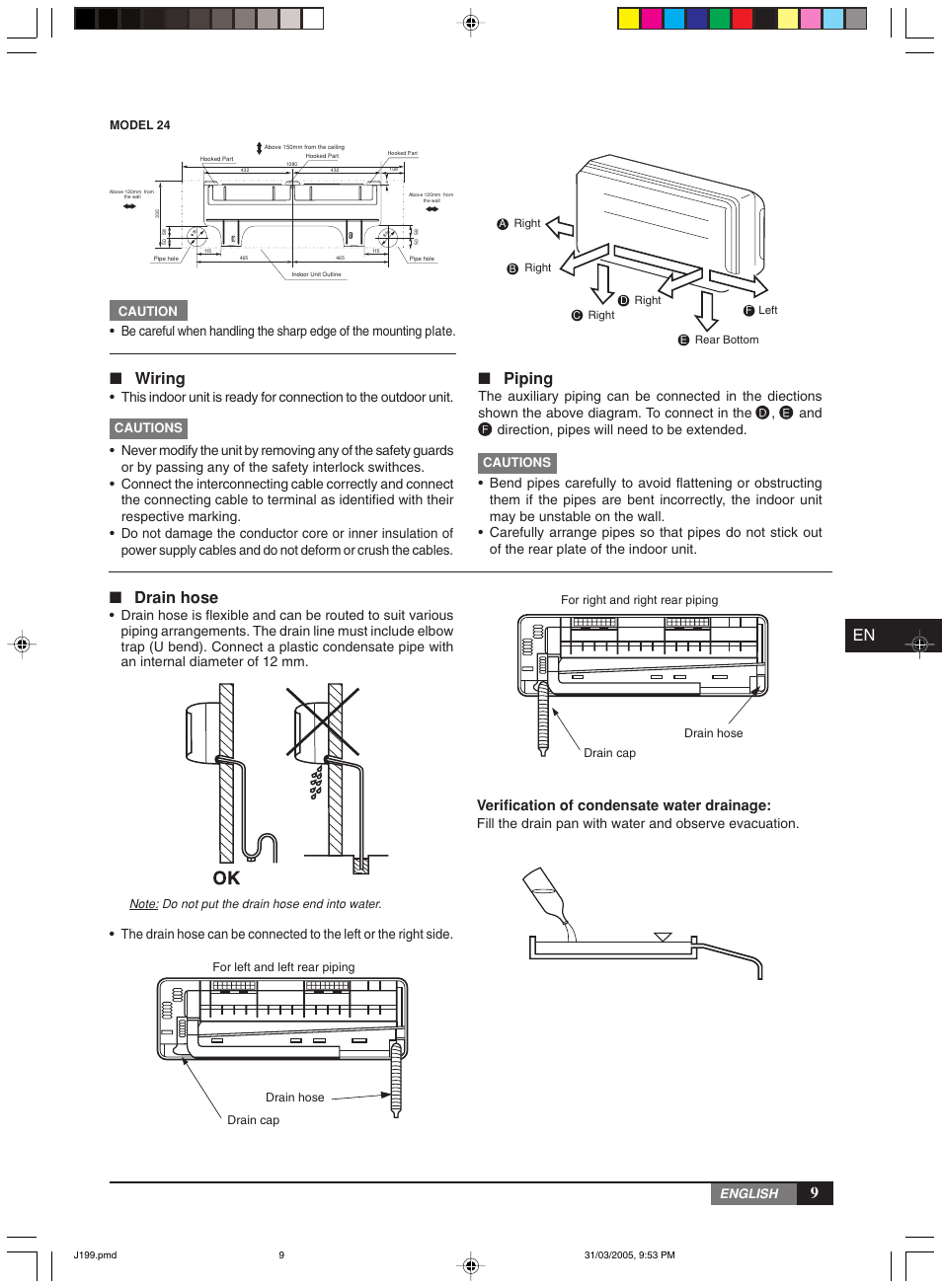 Wiring, Piping, Drain hose | York MiniSplit High Wall MLCA-MLHA-07-24 User Manual | Page 9 / 22