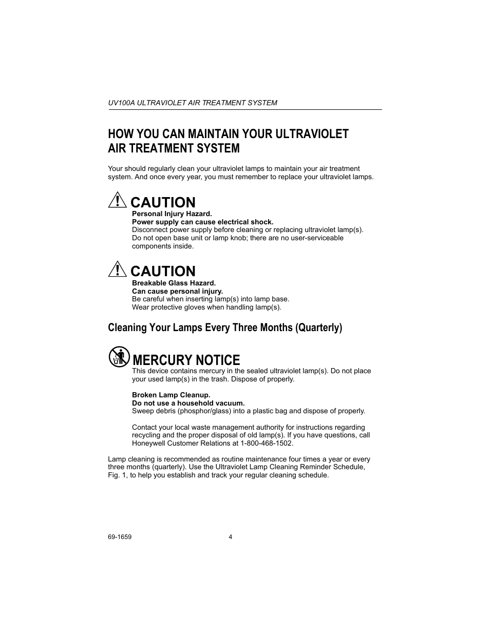 Cleaning your lamps every three months (quarterly), Caution, Mercury notice | York 69-1659 UV100A User Manual | Page 4 / 8