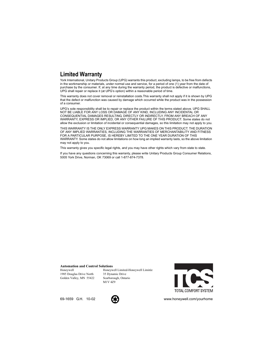 Limited warranty | York 69-1659 UV100A User Manual | Page 8 / 8