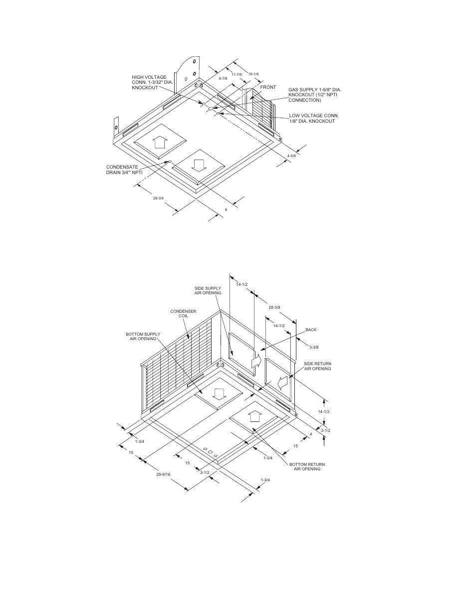 Unit dimensions - front & bottom, Unit dimensions - back & bottom | York AFFINITY 291627-YTG-B-0807 User Manual | Page 20 / 32
