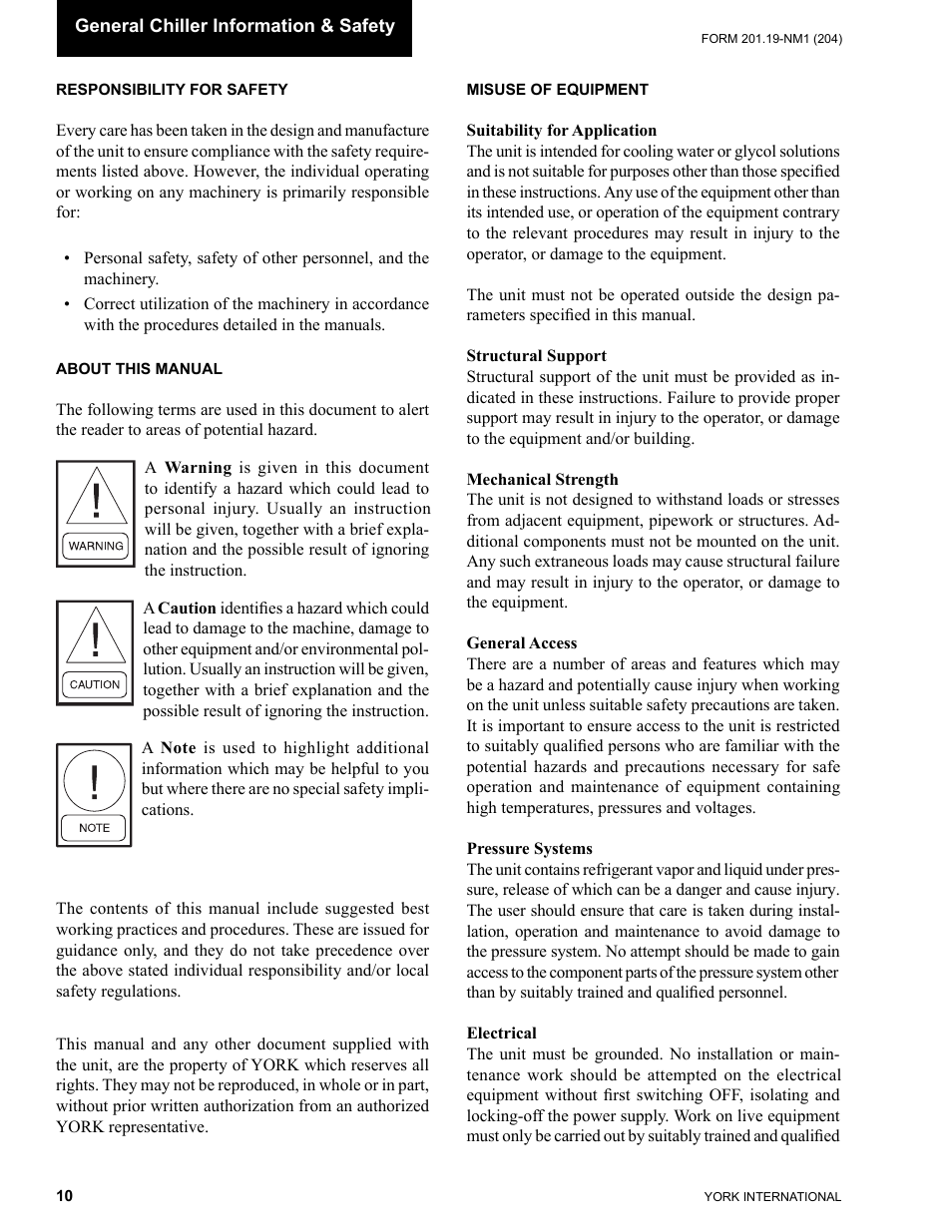 Responsibility for safety, About this manual, Misuse of equipment | York YCAS0130 User Manual | Page 10 / 204