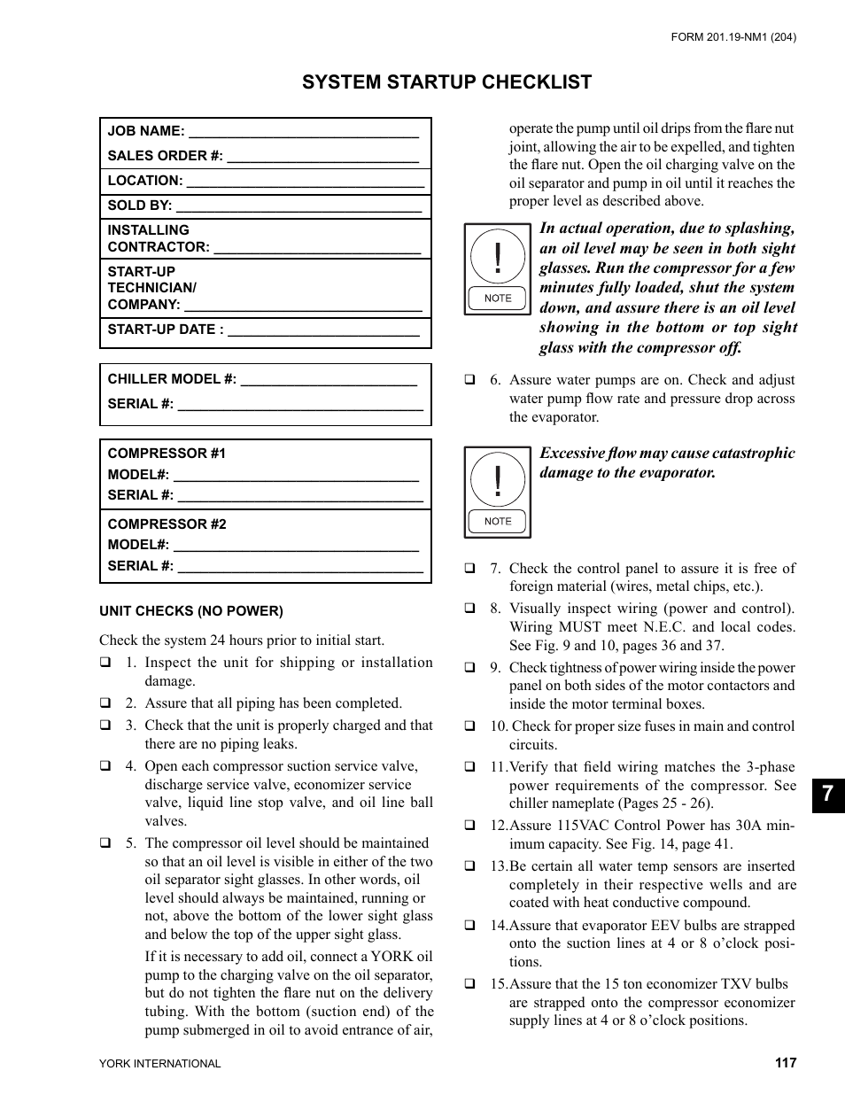 System startup checklist, Unit checks | York YCAS0130 User Manual | Page 117 / 204