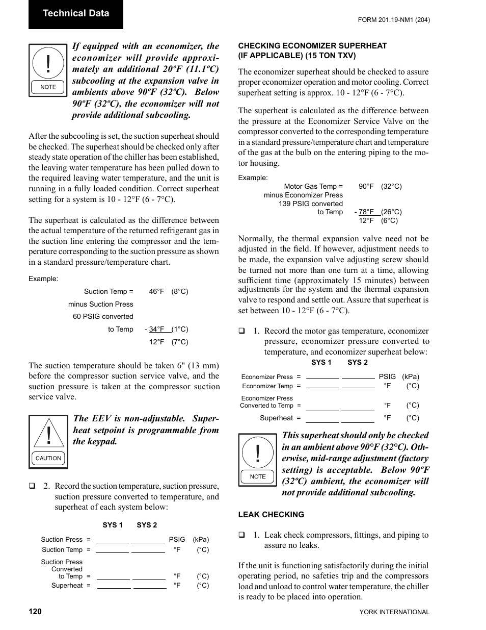 Checking economizer superheat, Leak checking | York YCAS0130 User Manual | Page 120 / 204