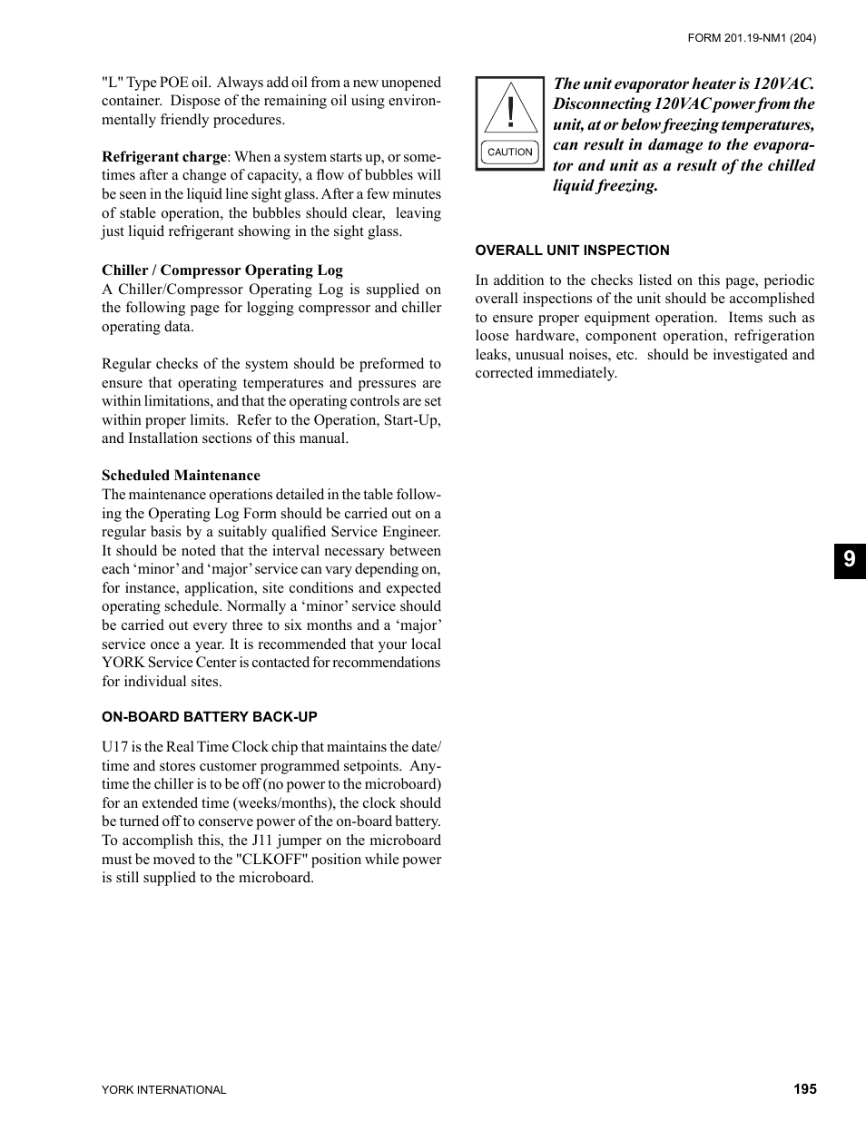 On-board battery back-up, Overall unit inspection | York YCAS0130 User Manual | Page 195 / 204