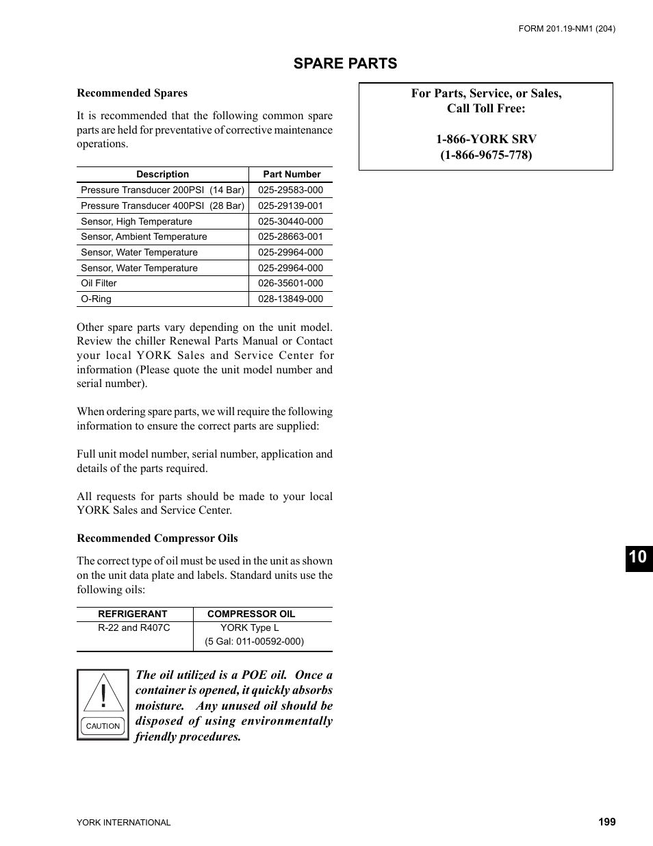 Section 10 - spare parts, Spare parts | York YCAS0130 User Manual | Page 199 / 204