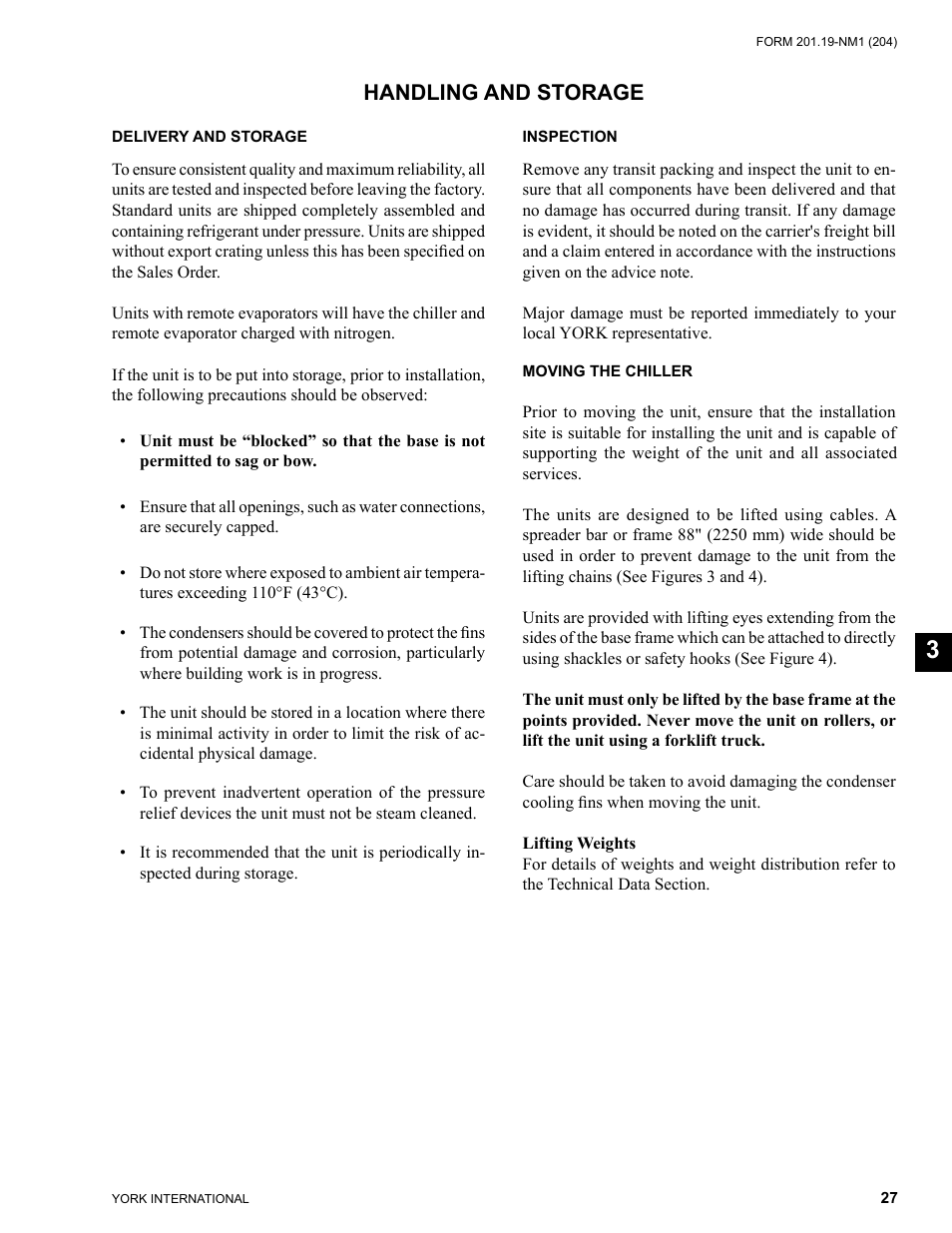 Section 3 - handling and storage, Delivery and storage, Inspection | Moving the chiller, Handling and storage | York YCAS0130 User Manual | Page 27 / 204