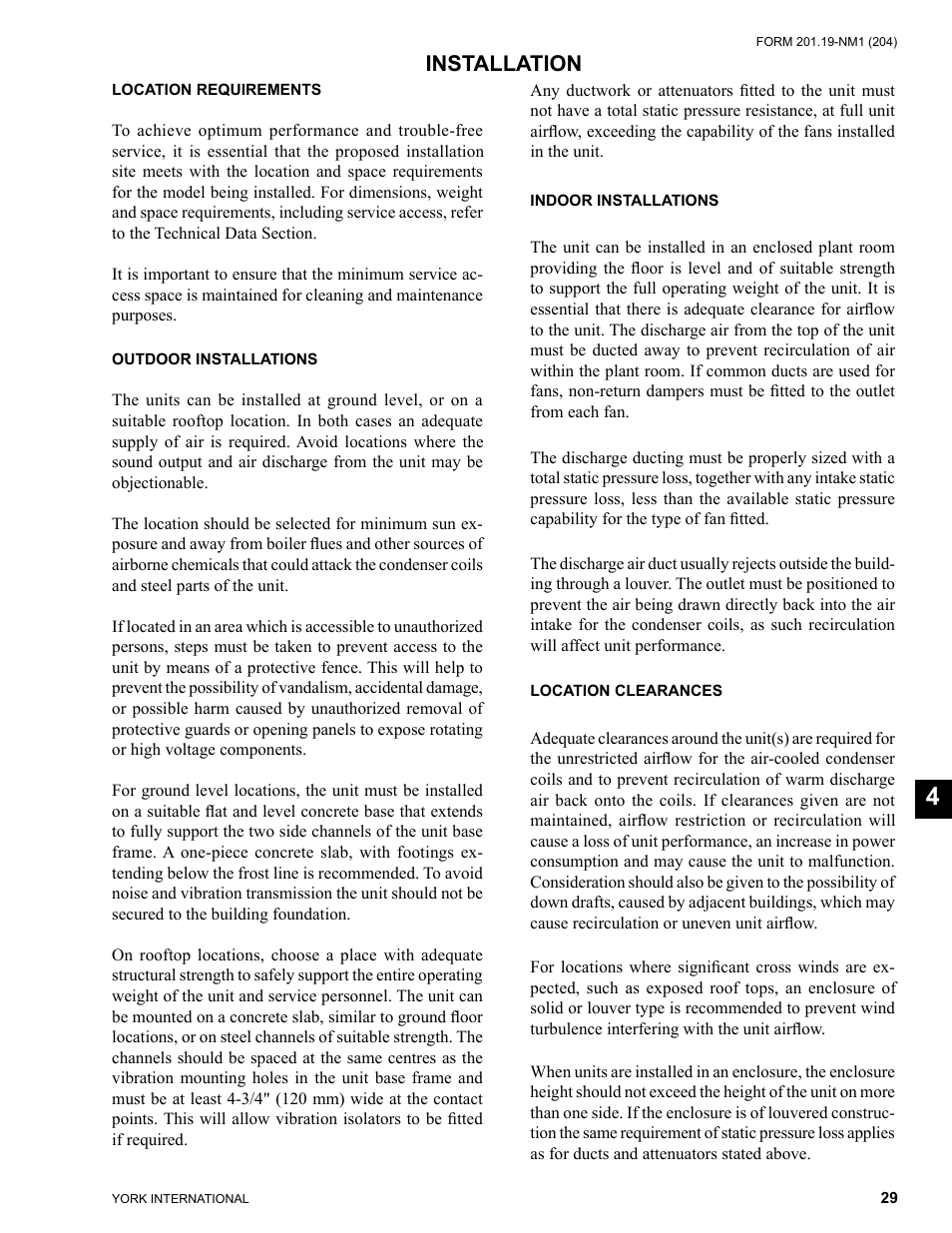 Section 4 - installation, Location requirements, Outdoor installations | Indoor installations, Location clearances, Installation | York YCAS0130 User Manual | Page 29 / 204