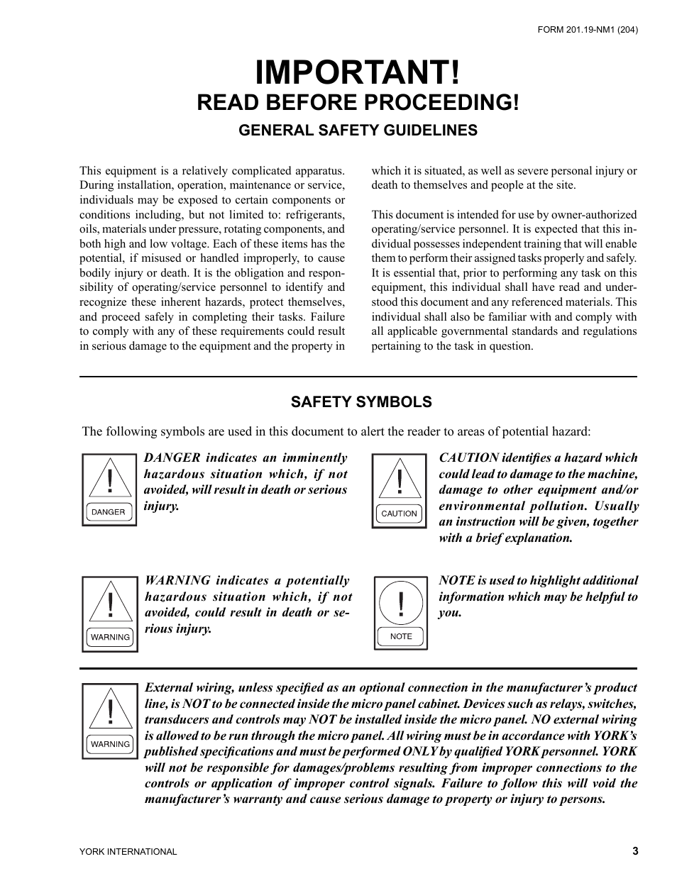 Important, Read before proceeding | York YCAS0130 User Manual | Page 3 / 204