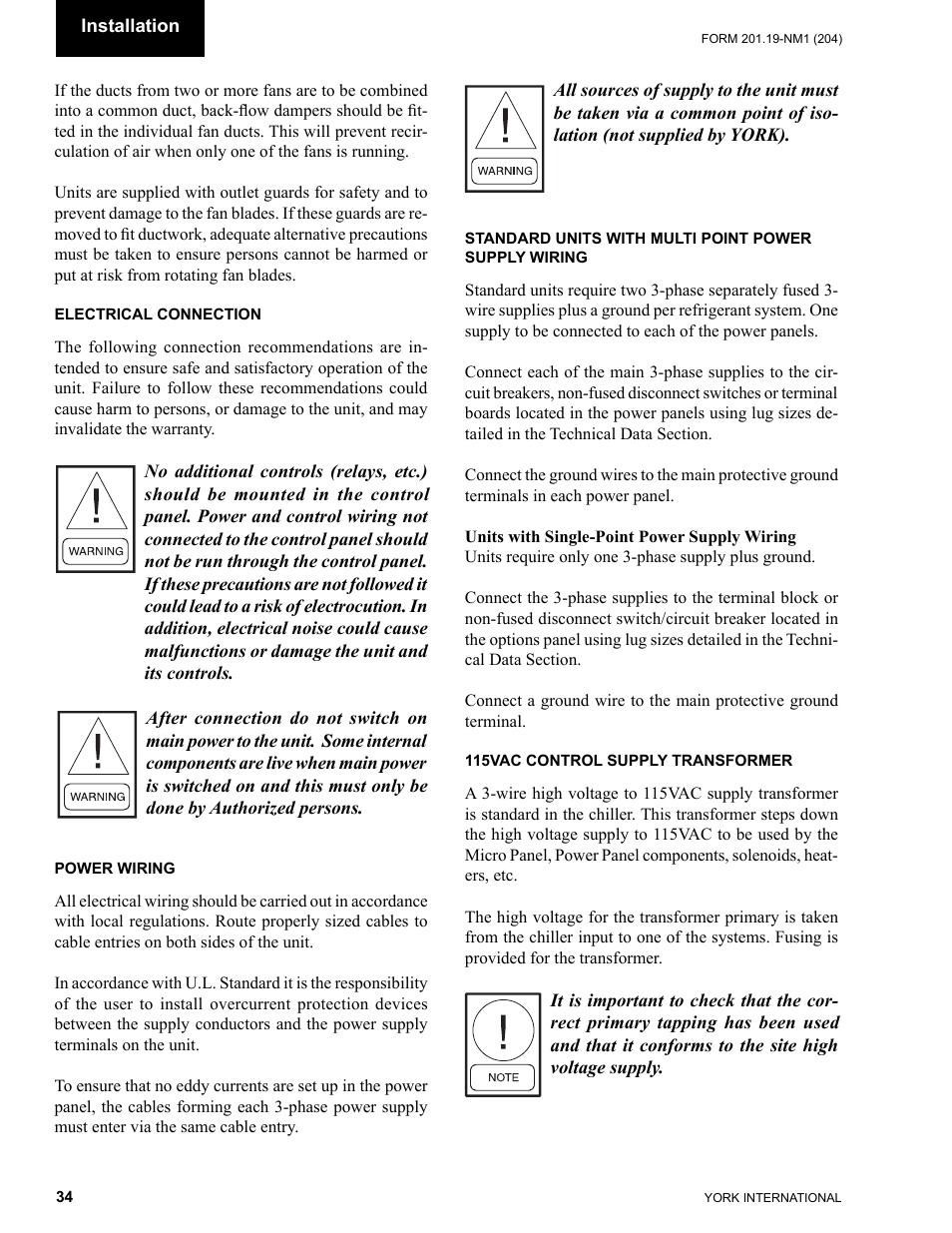 Electrical connection, Power wiring, 115vac control supply transformer | York YCAS0130 User Manual | Page 34 / 204
