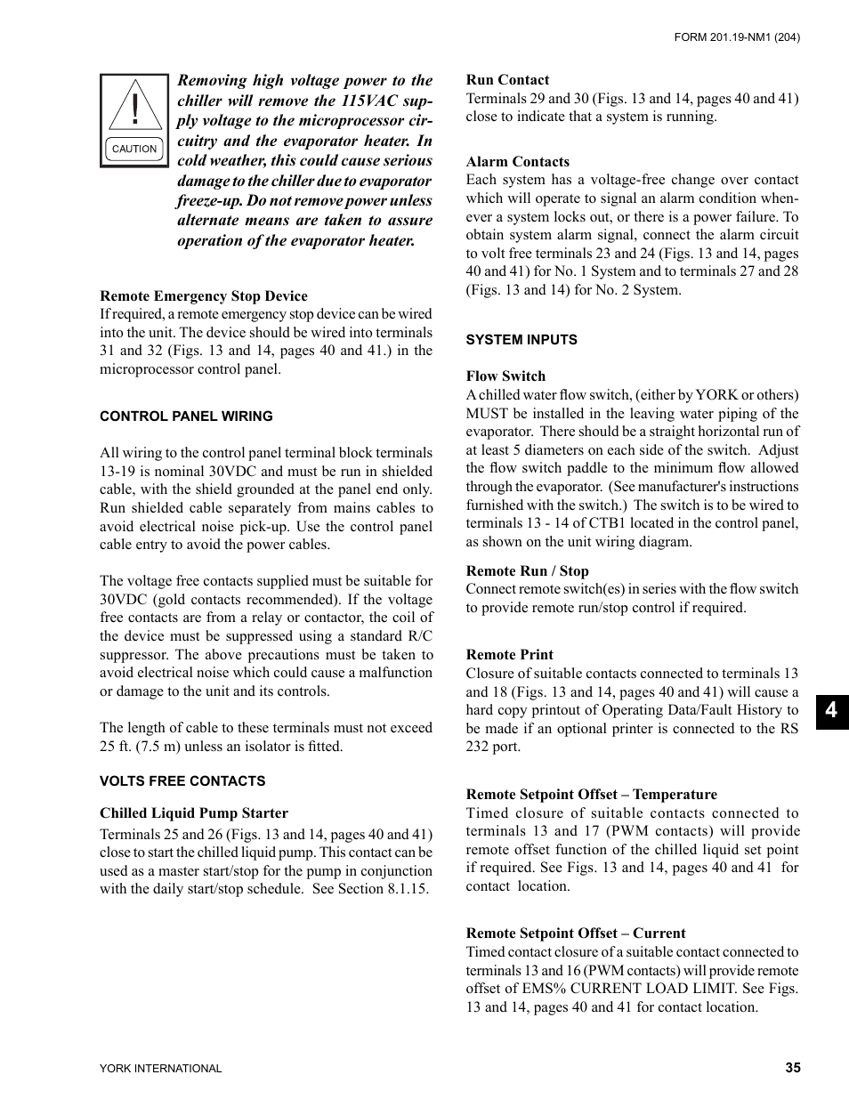 Control panel wiring, Volts free contacts, System inputs | York YCAS0130 User Manual | Page 35 / 204