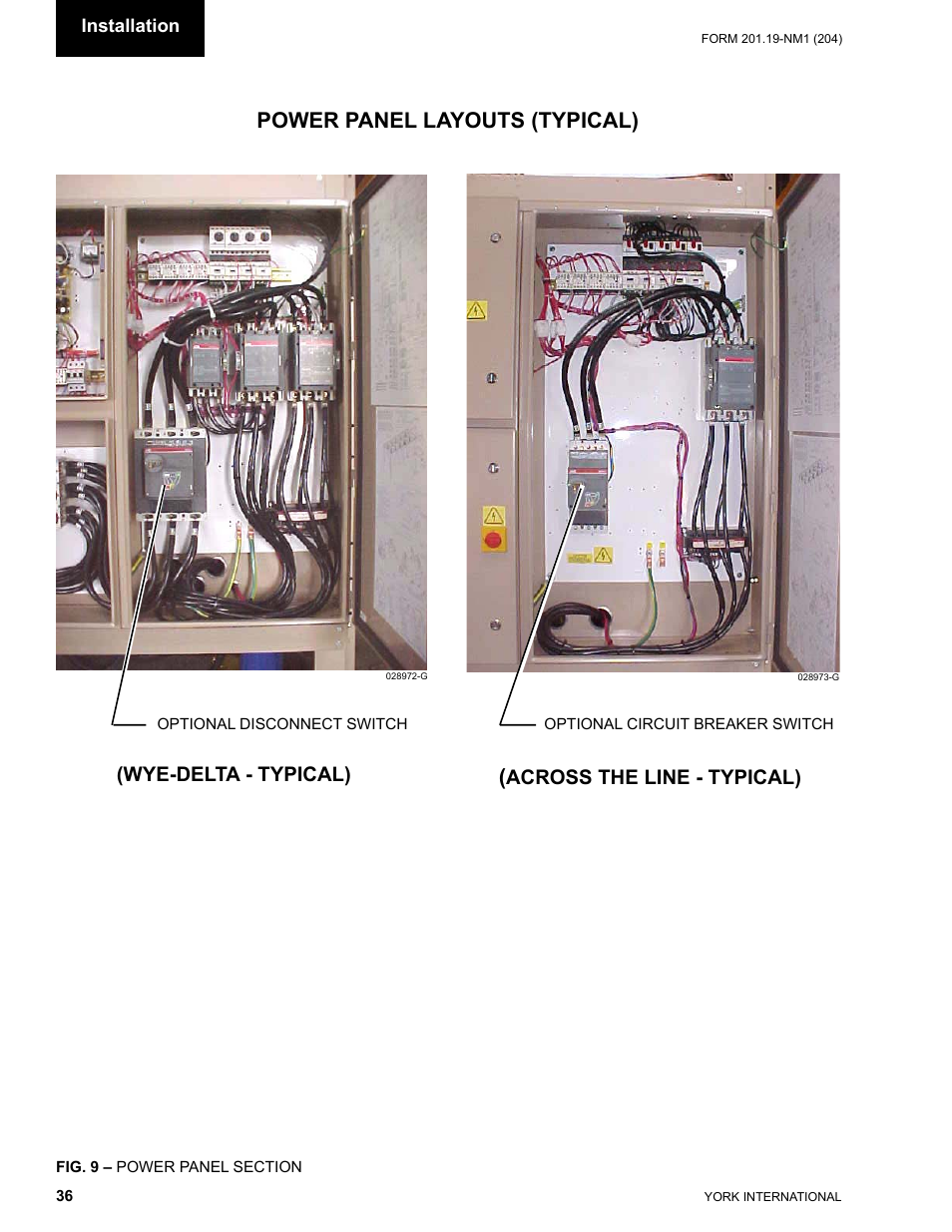Power panel layouts (typical), Wye-delta - typical), Across the line - typical) | York YCAS0130 User Manual | Page 36 / 204