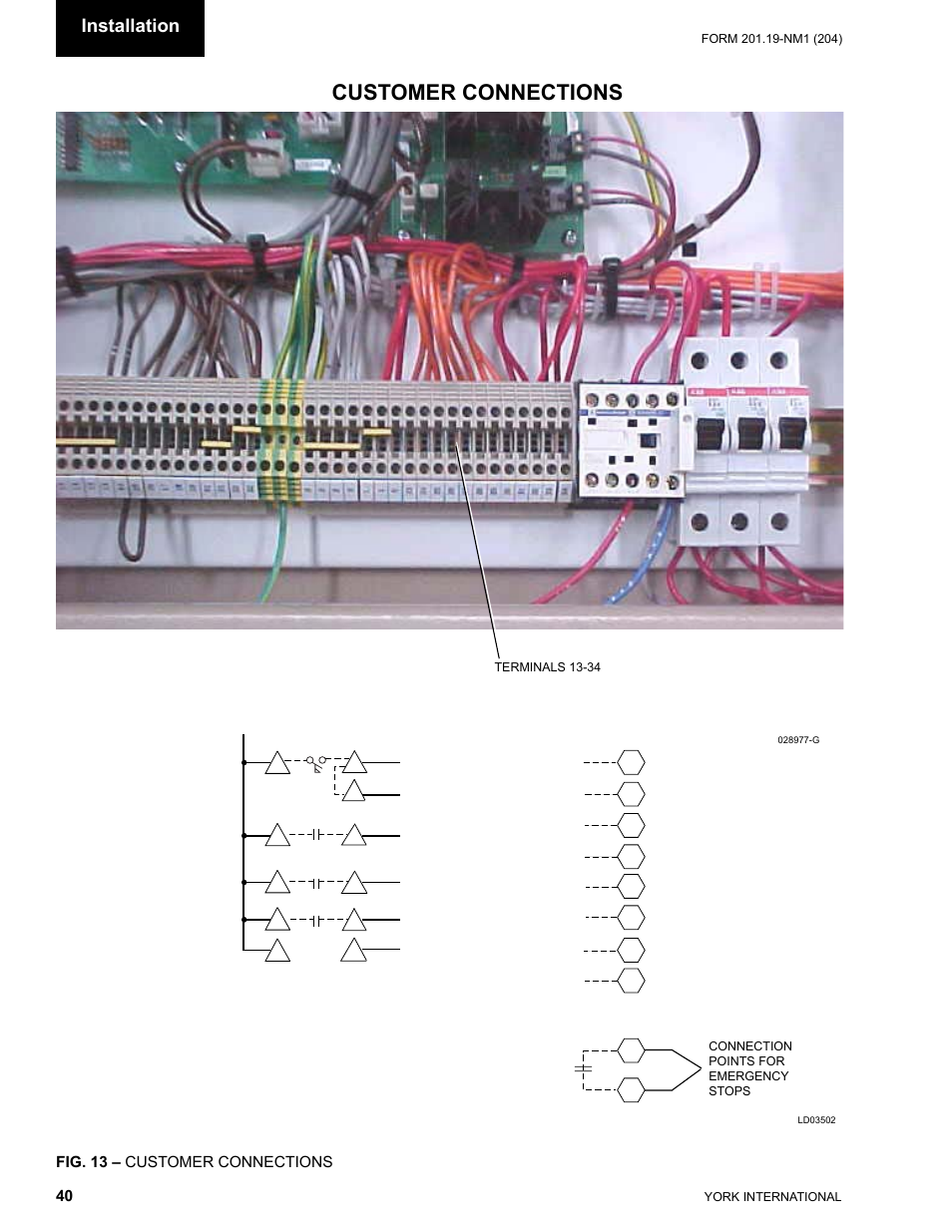 Customer connections, Installation | York YCAS0130 User Manual | Page 40 / 204