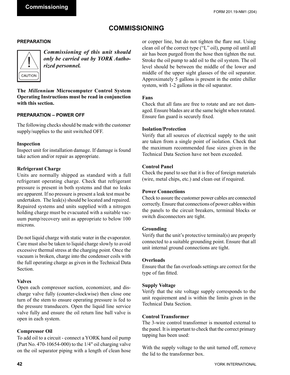 Section 5 - commissioning, Preparation, Preparation – power off | Commissioning | York YCAS0130 User Manual | Page 42 / 204