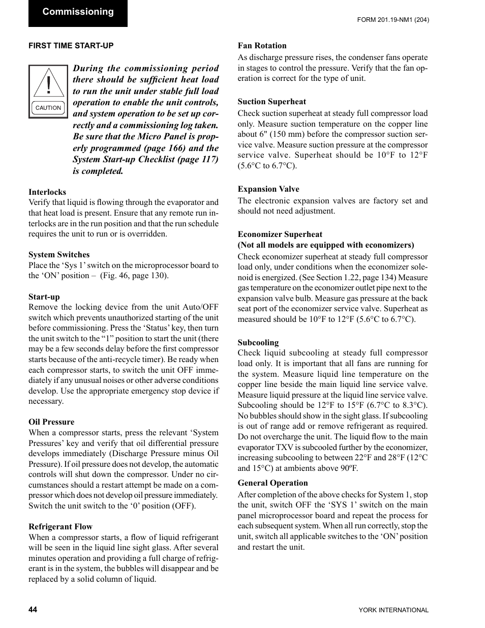 First time start-up | York YCAS0130 User Manual | Page 44 / 204