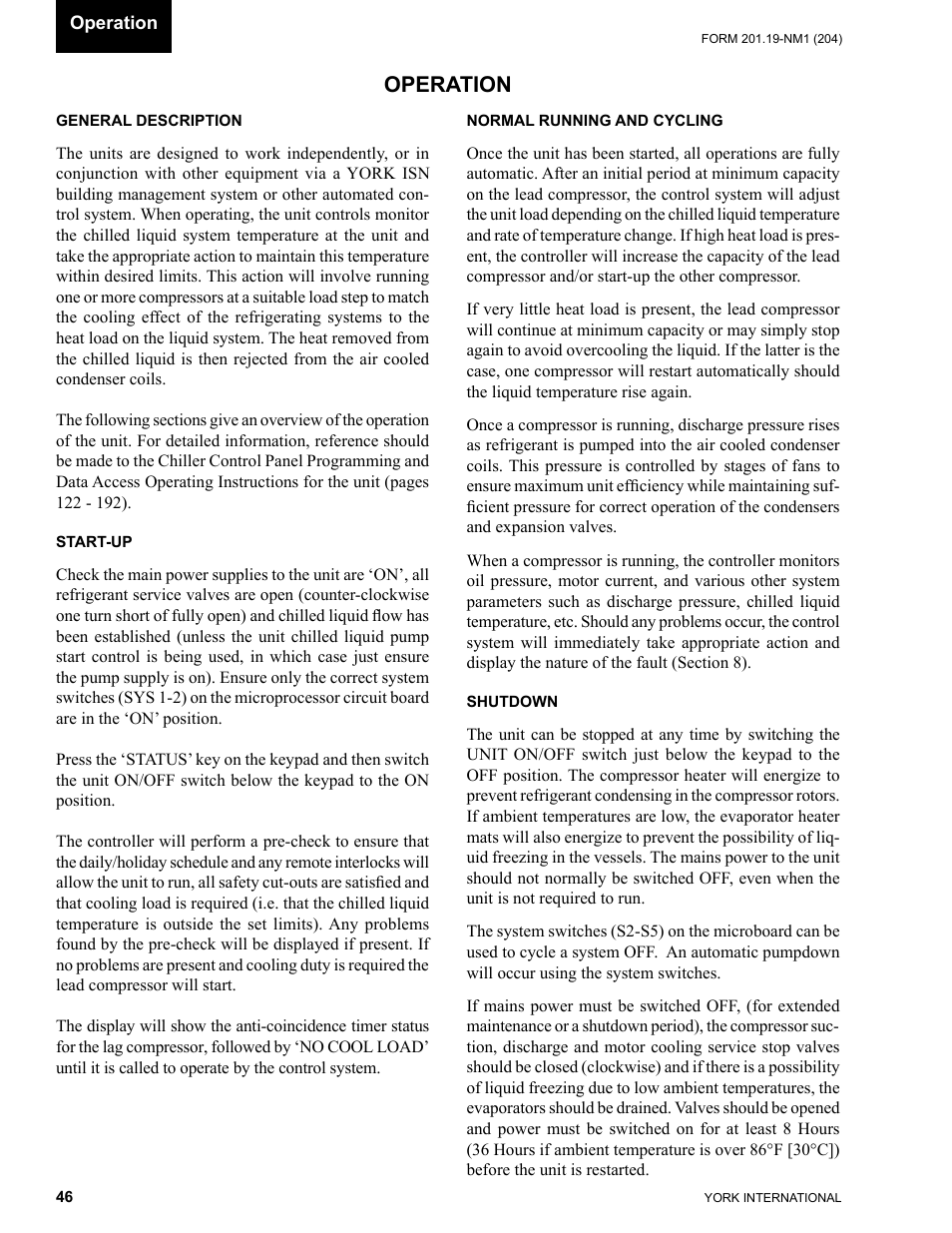 Section 6 - operation, General description, Start-up | Normal running and cycling, Shutdown, Operation | York YCAS0130 User Manual | Page 46 / 204