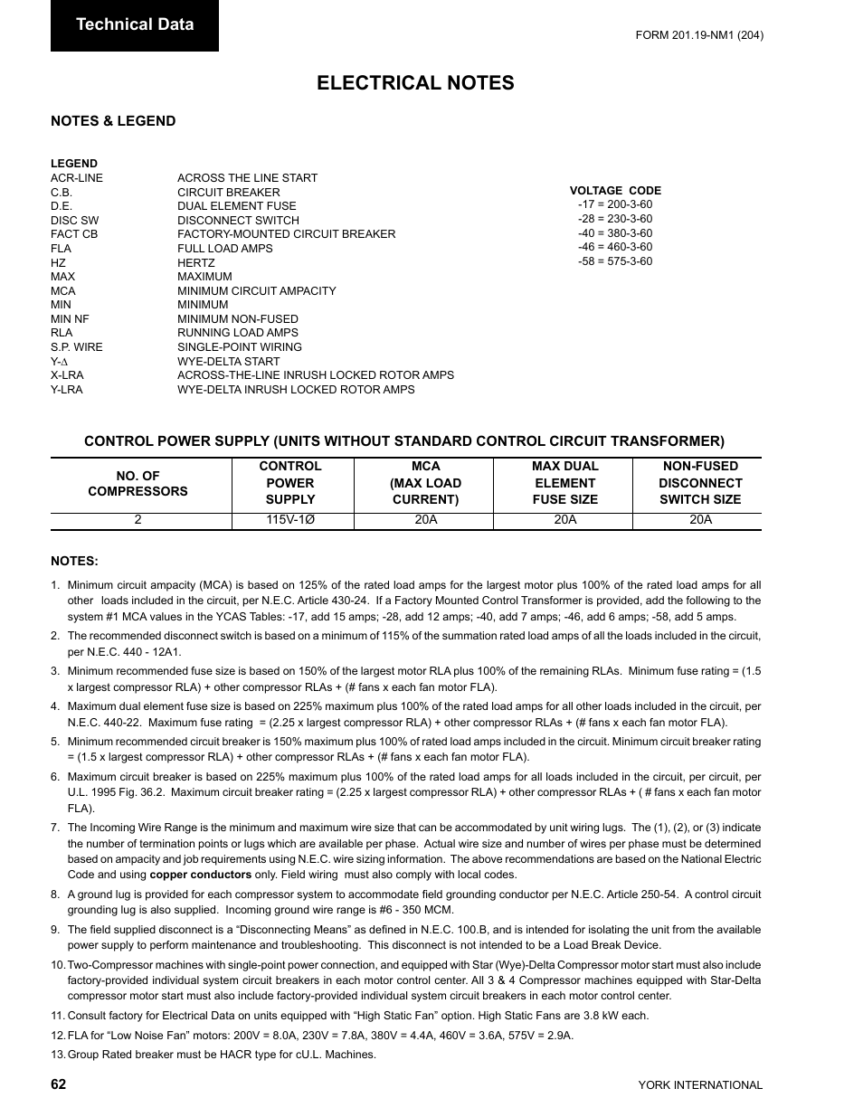 Technical data | York YCAS0130 User Manual | Page 62 / 204