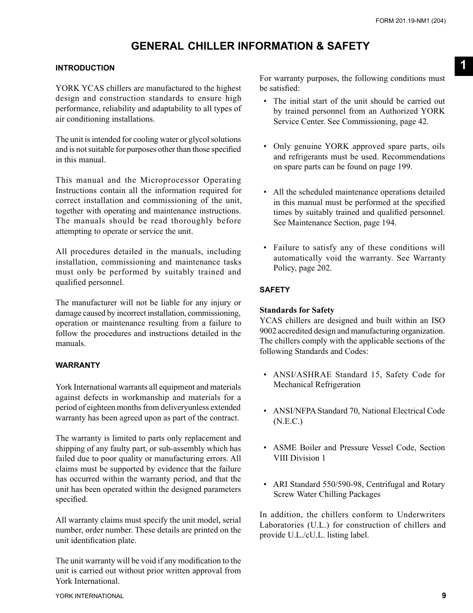 Section 1 - general chiller information & safety, Introduction, Warranty | Safety, General chiller information & safety | York YCAS0130 User Manual | Page 9 / 204