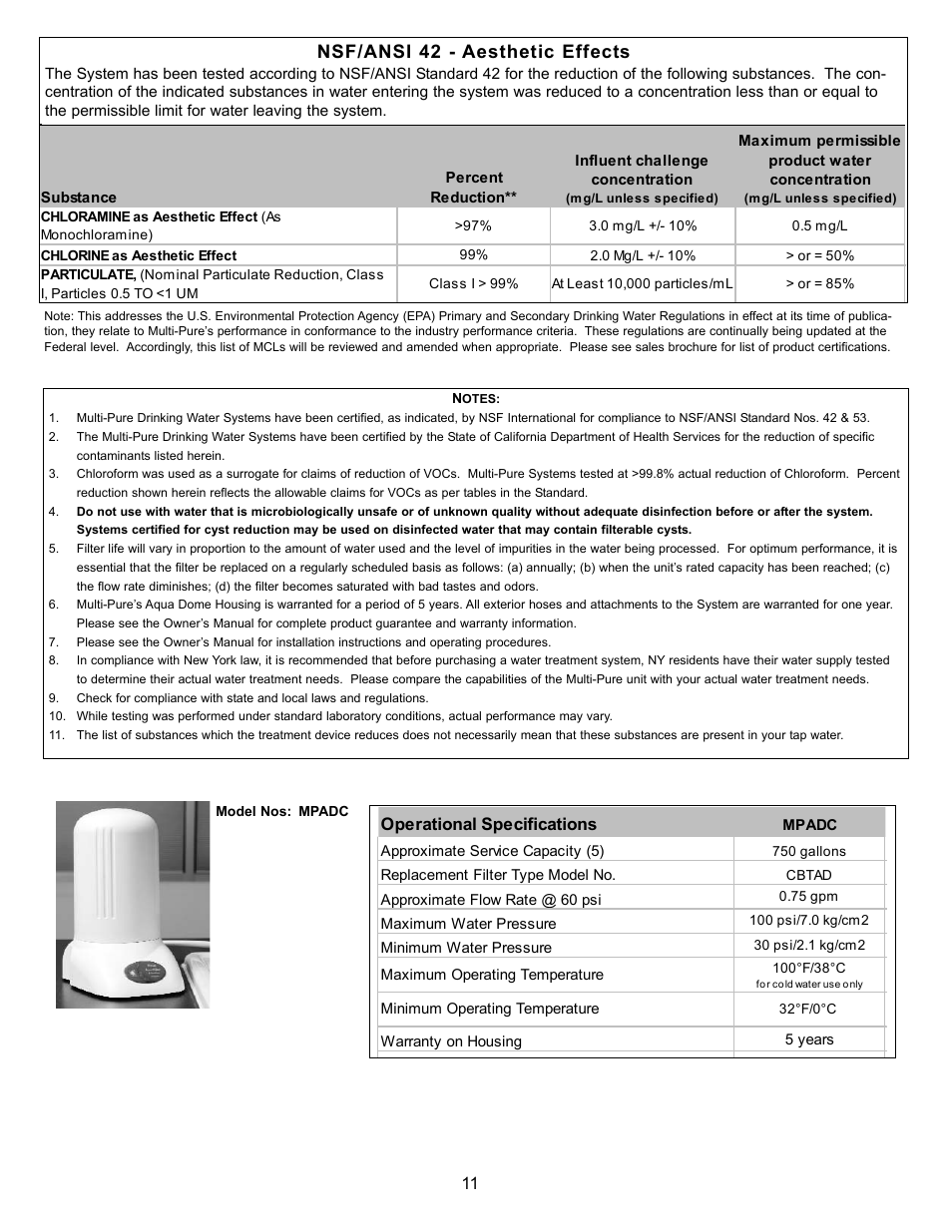 Nsf/ansi 42 - aesthetic effects | York MPADC User Manual | Page 11 / 14