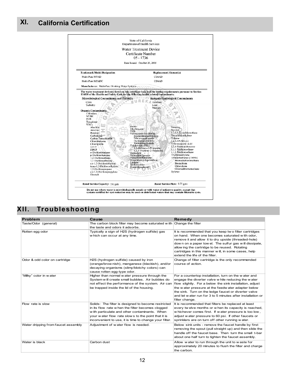 California certification, Xii. troubleshooting | York MPADC User Manual | Page 12 / 14