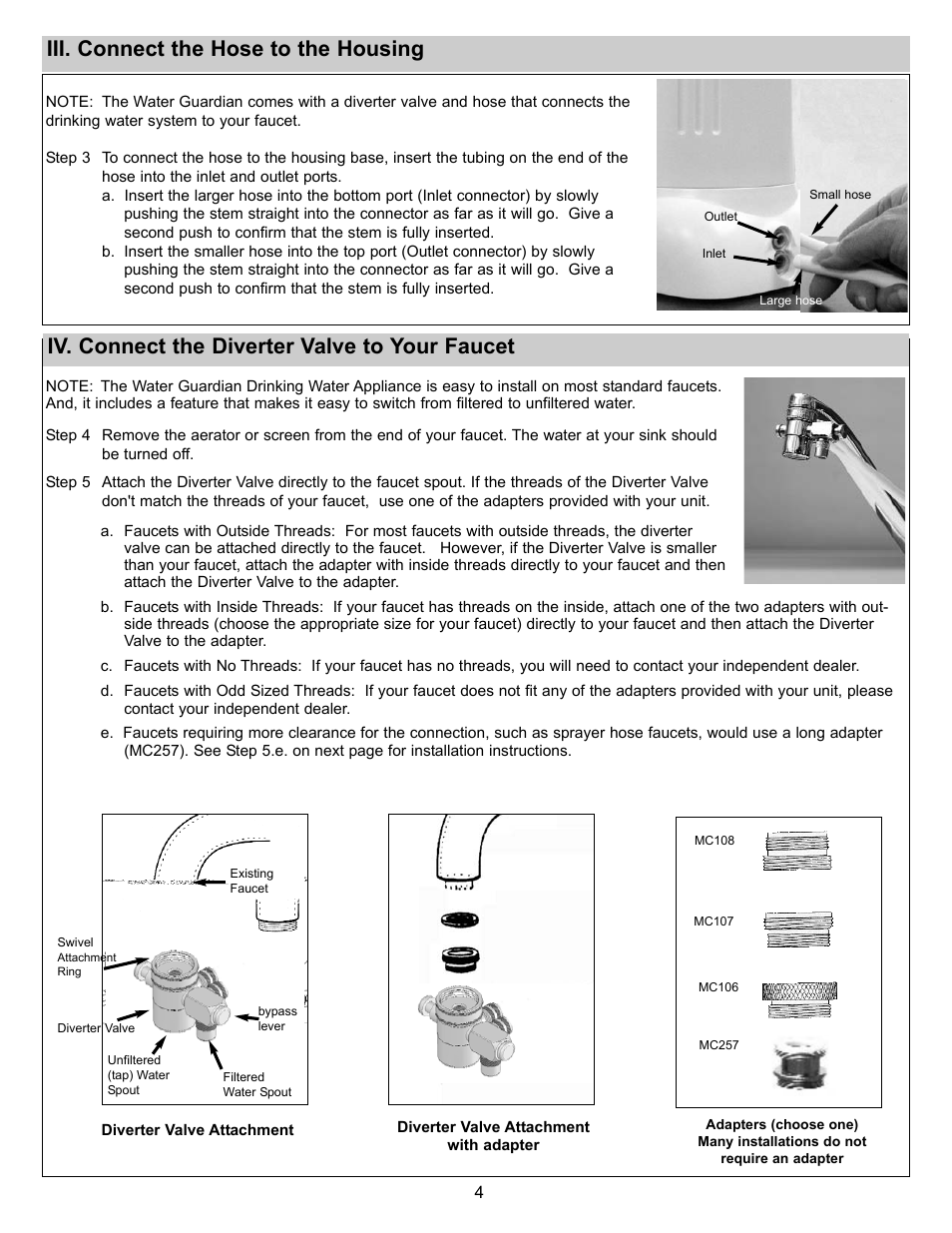 Iv. connect the diverter valve to your faucet, Iii. connect the hose to the housing | York MPADC User Manual | Page 4 / 14