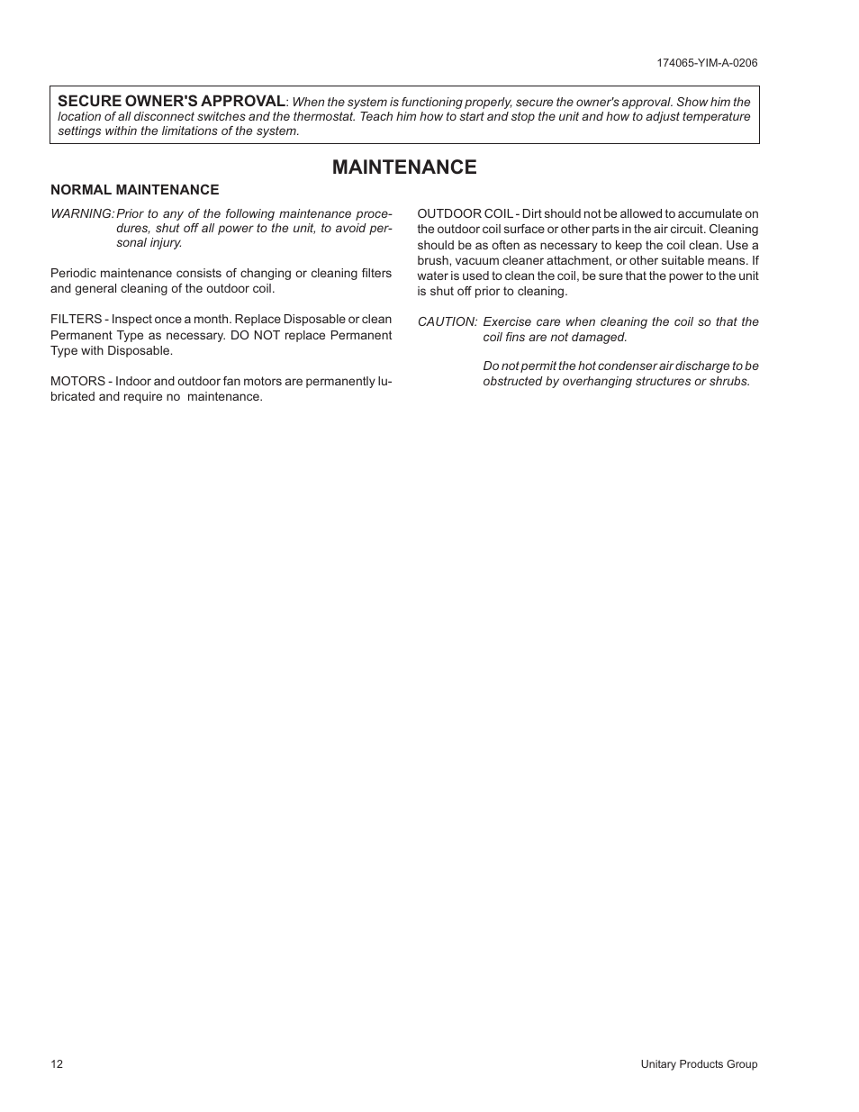 Maintenance | York CHAMPION D2EB User Manual | Page 12 / 16