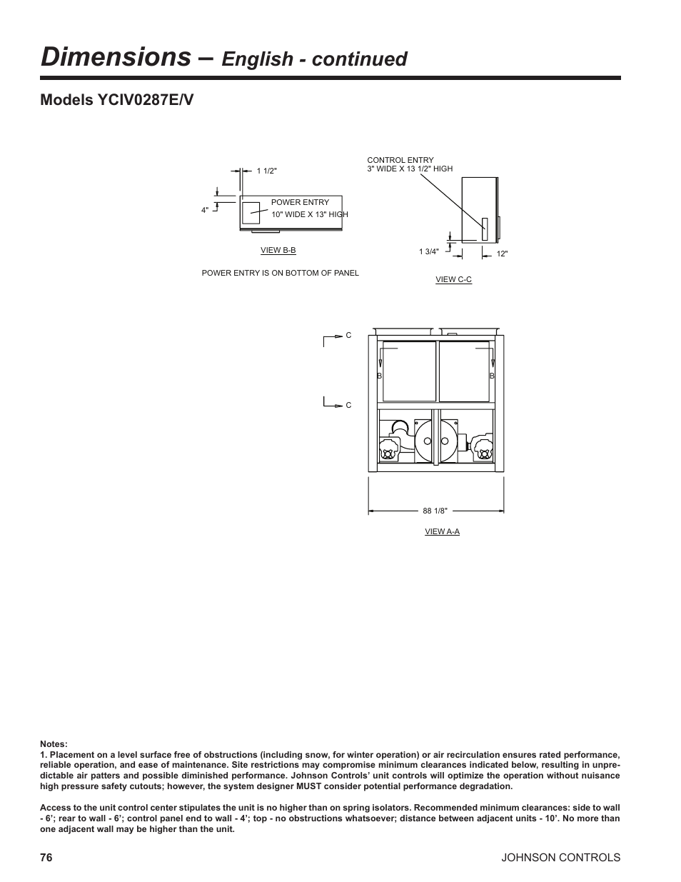 Dimensions, English - continued, Models yciv0287e/v | York UL R134A User Manual | Page 76 / 140