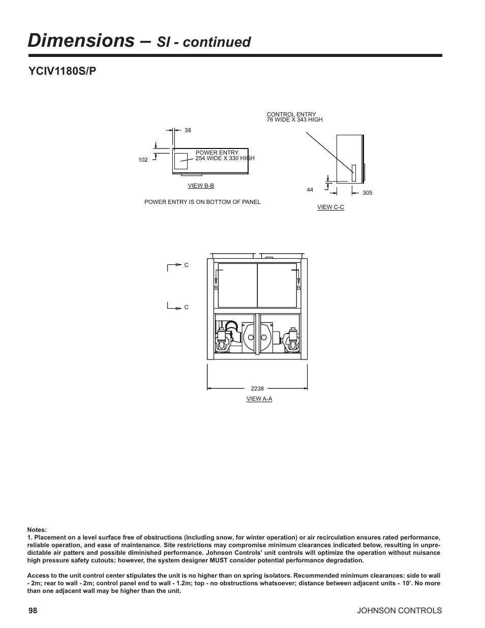 Dimensions, Si - continued, Yciv1180s/p | York UL R134A User Manual | Page 98 / 140