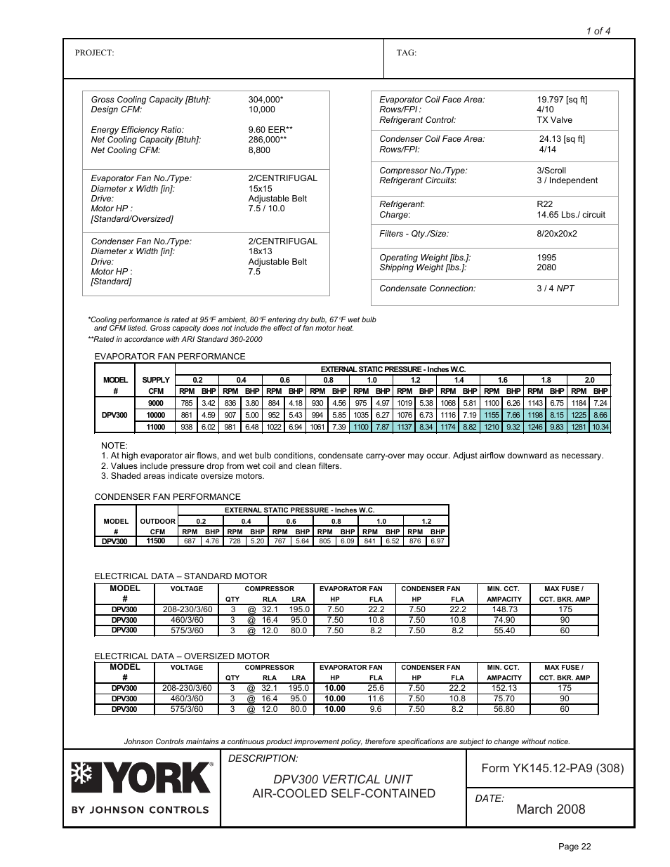 March 2008, Dpv300 vertical unit air-cooled self-contained | York D*V User Manual | Page 22 / 25