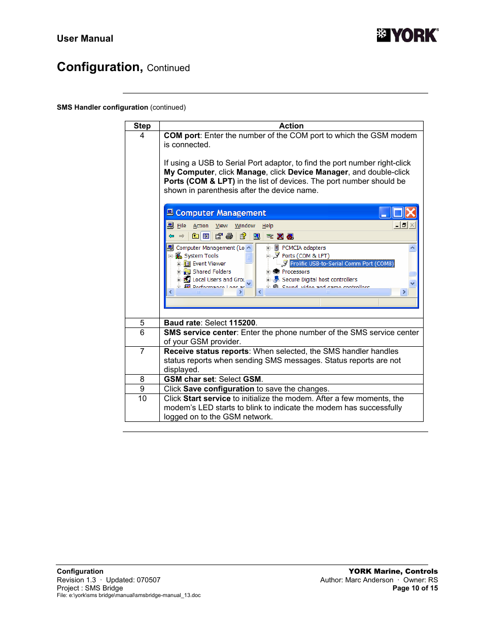 Configuration | York SMS Bridge User Manual | Page 10 / 15