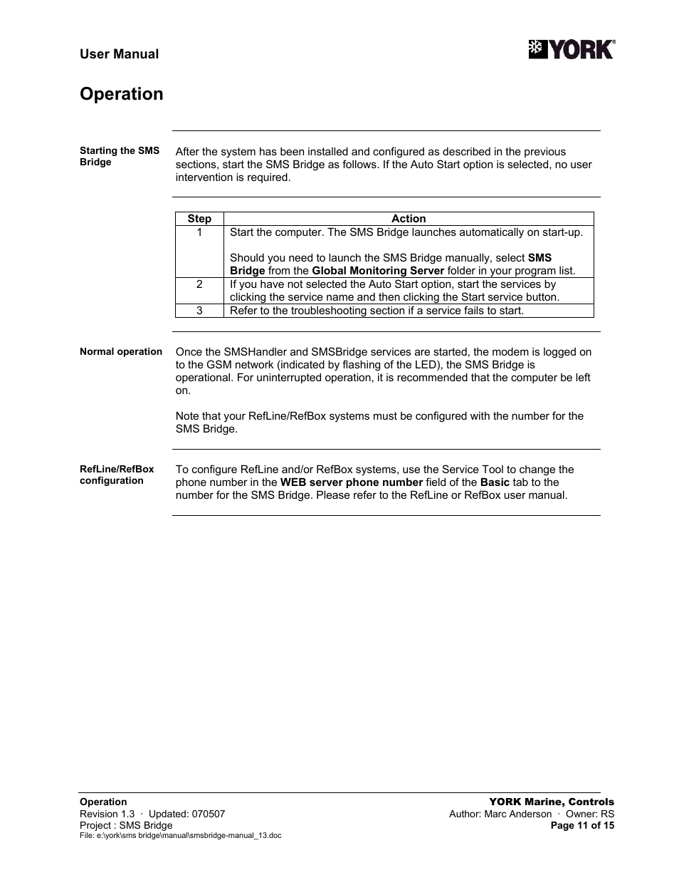 Operation | York SMS Bridge User Manual | Page 11 / 15