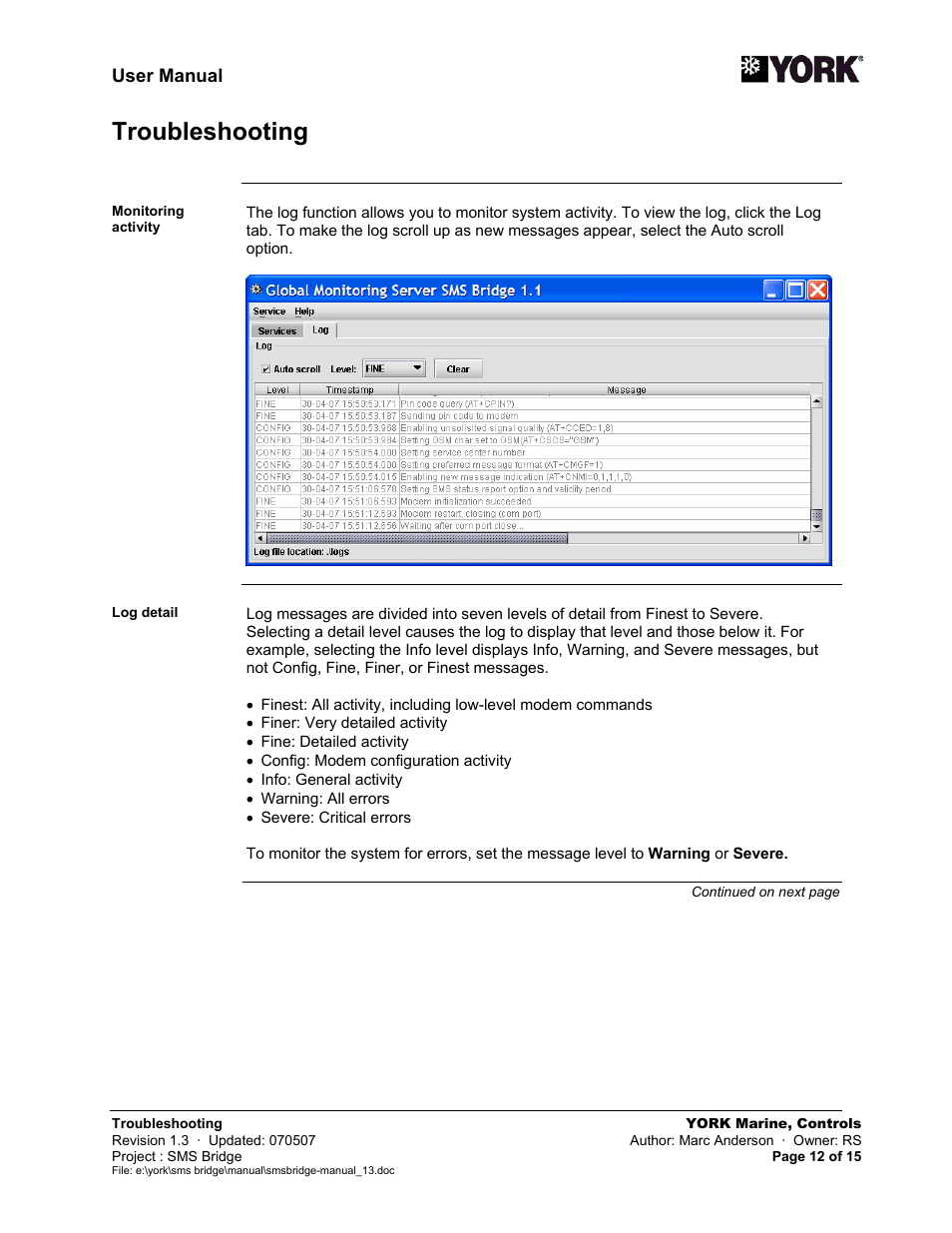 Troubleshooting | York SMS Bridge User Manual | Page 12 / 15