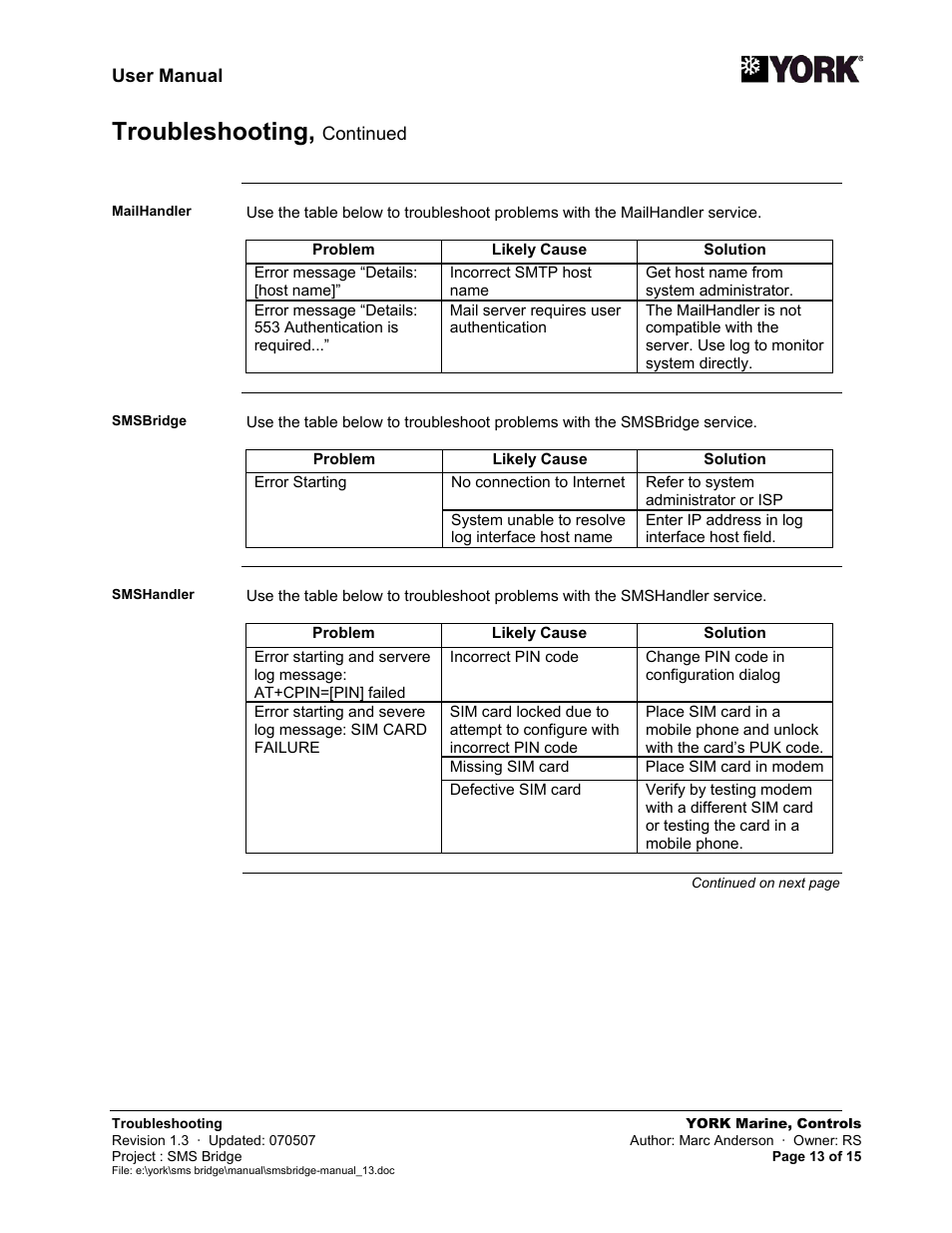 Troubleshooting | York SMS Bridge User Manual | Page 13 / 15