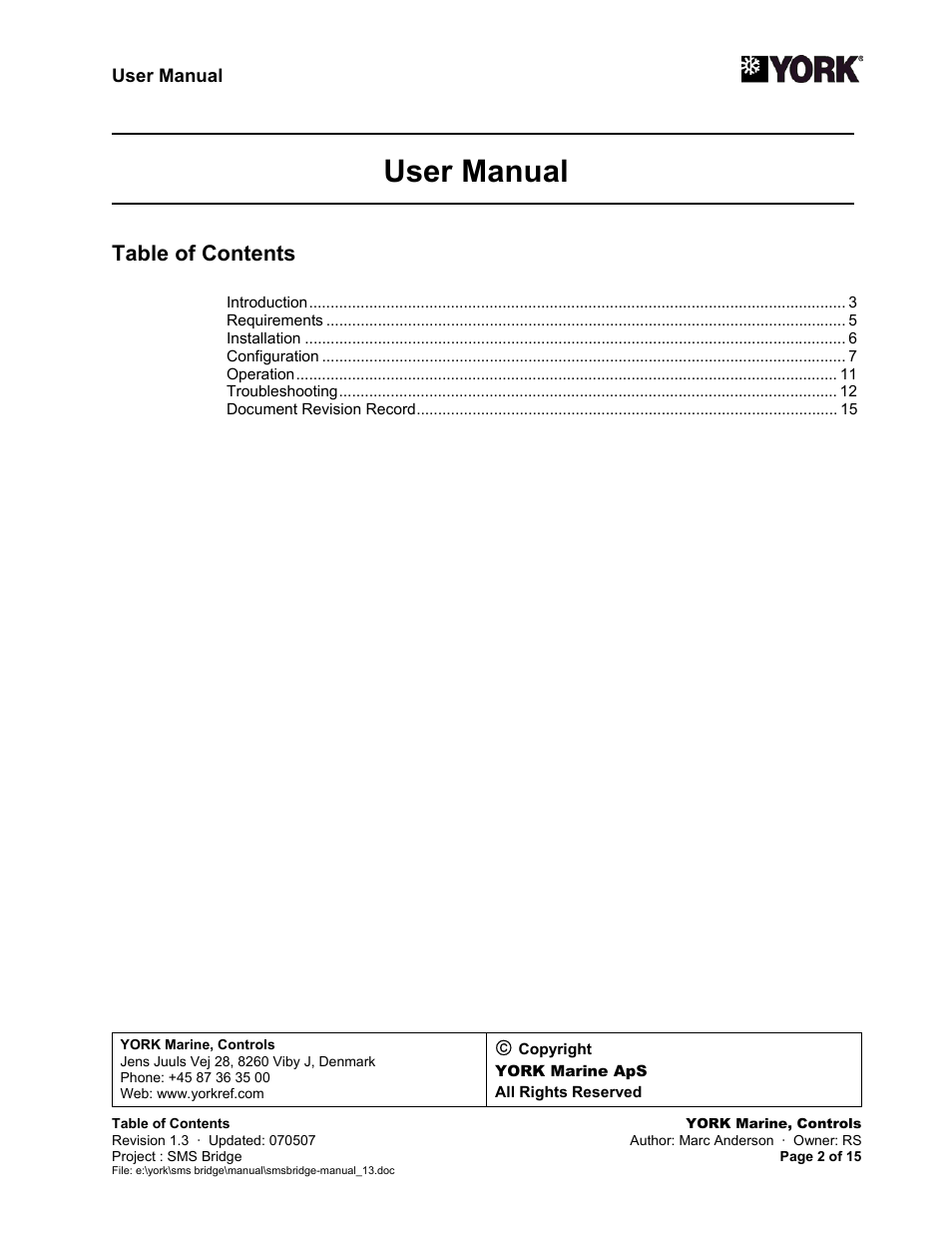 York SMS Bridge User Manual | Page 2 / 15