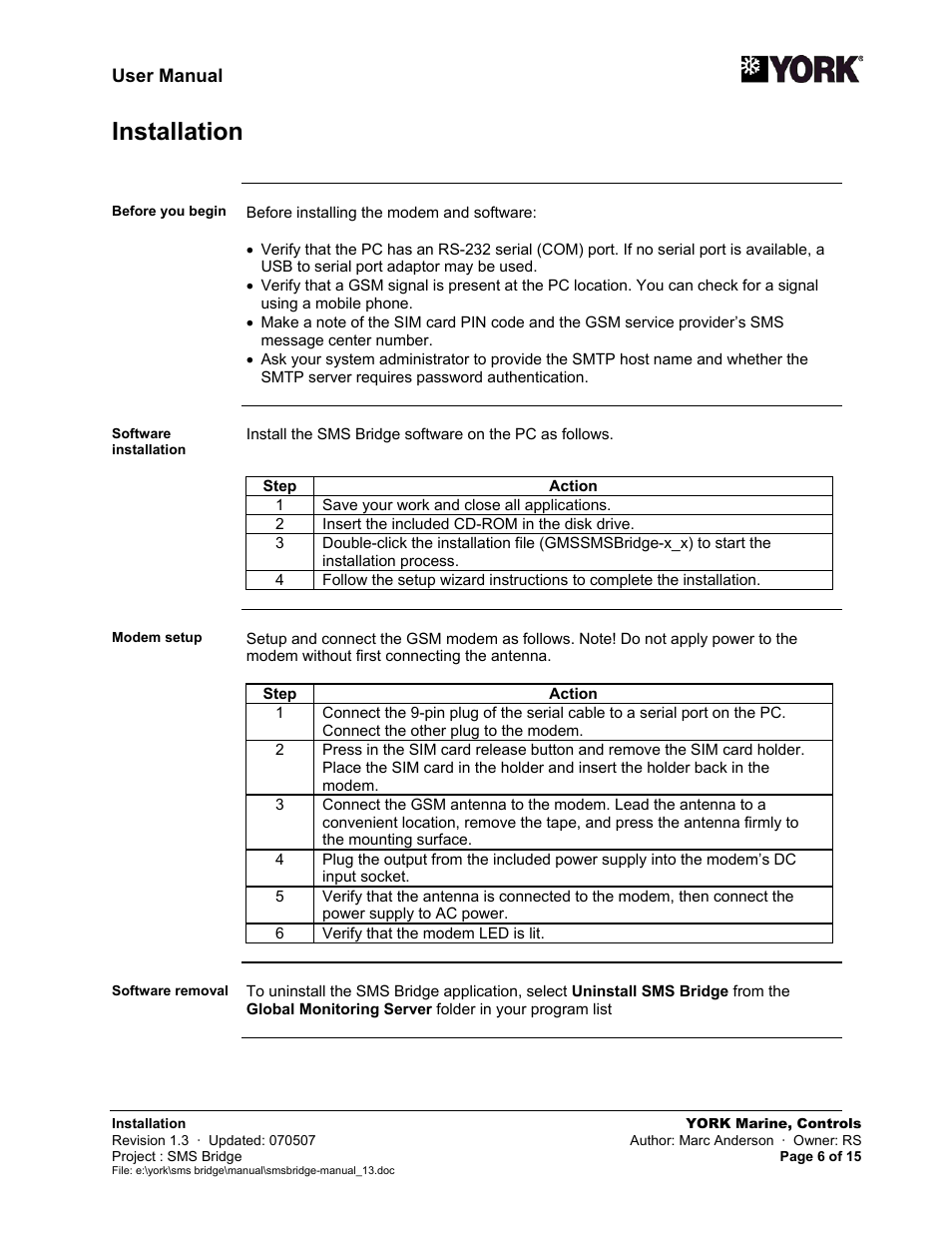 Installation | York SMS Bridge User Manual | Page 6 / 15