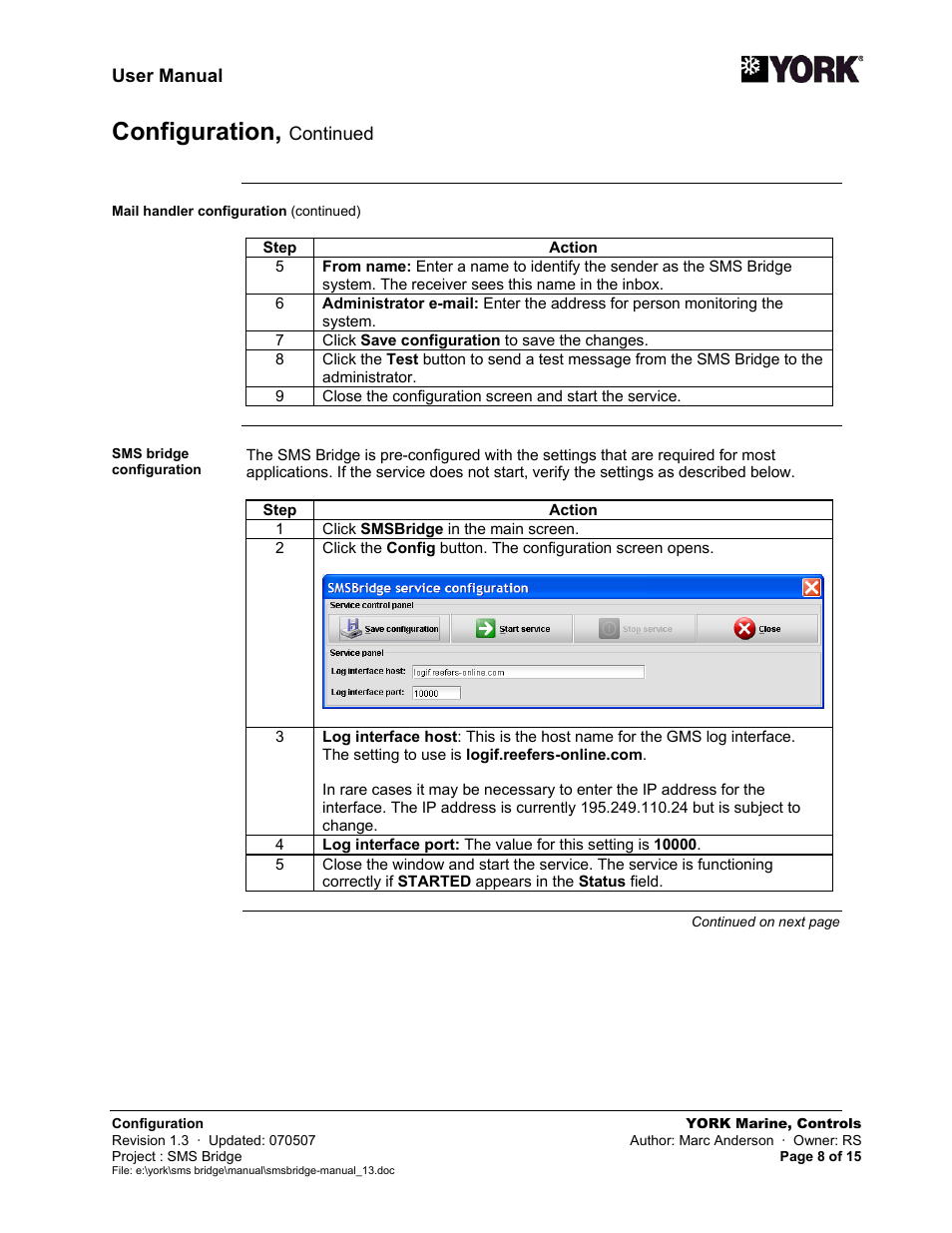 Configuration | York SMS Bridge User Manual | Page 8 / 15
