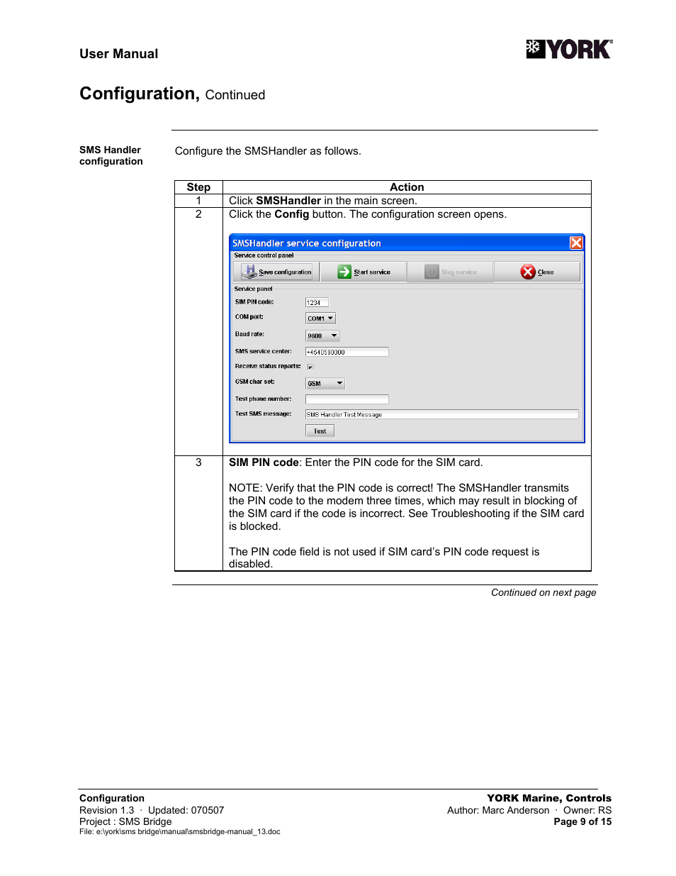 Configuration | York SMS Bridge User Manual | Page 9 / 15