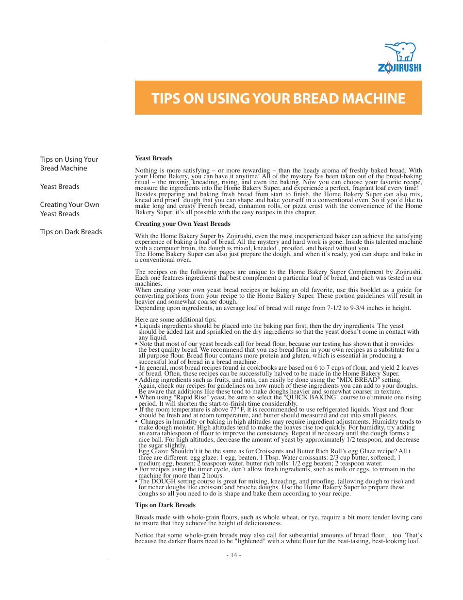 Tips on using your bread machine | Zojirushi BBCC-Q20 User Manual | Page 14 / 28