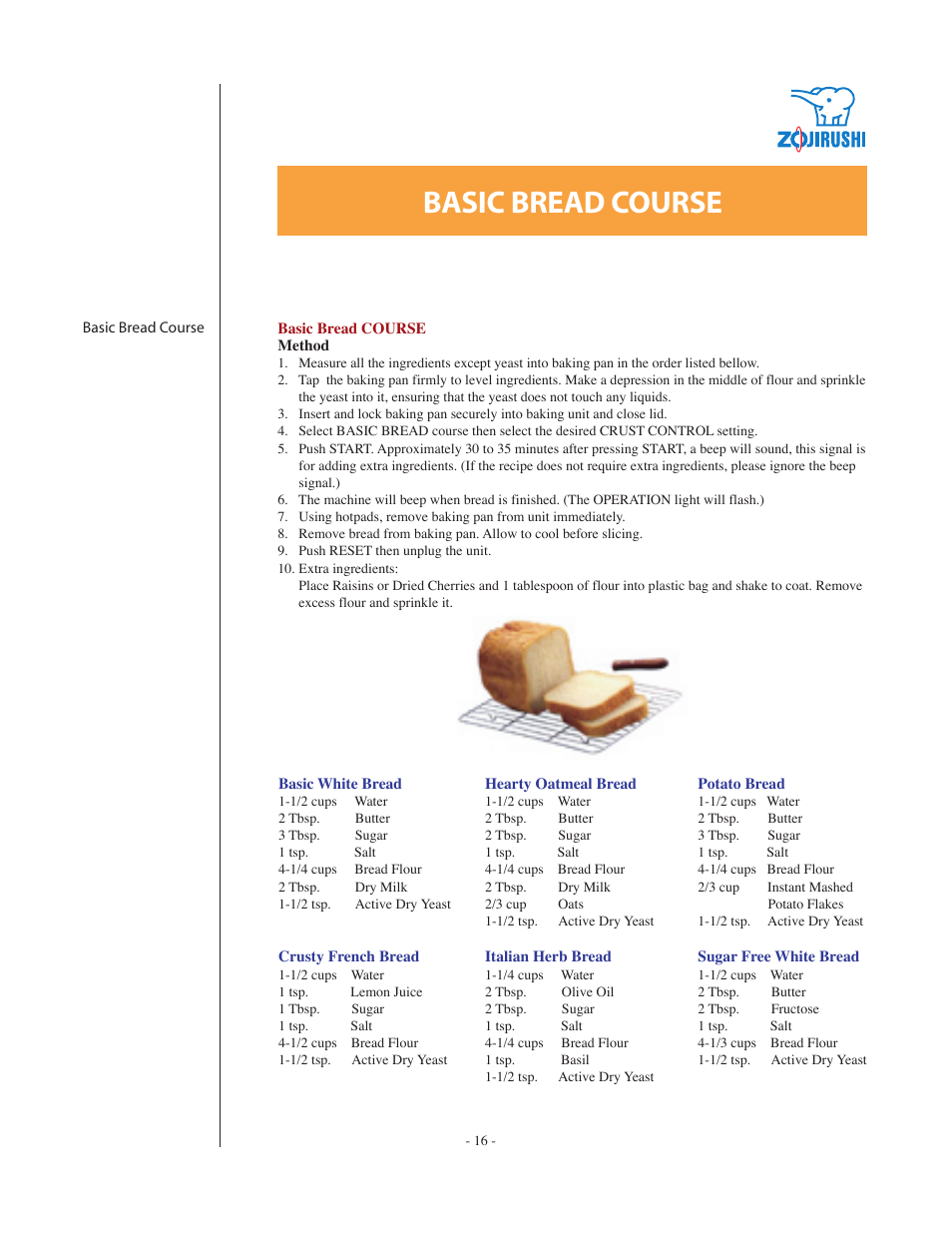 Basic bread course | Zojirushi BBCC-Q20 User Manual | Page 16 / 28