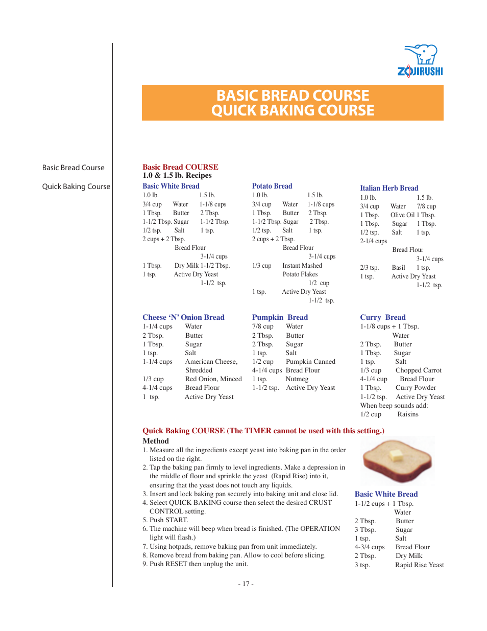 Basic bread course quick baking course | Zojirushi BBCC-Q20 User Manual | Page 17 / 28