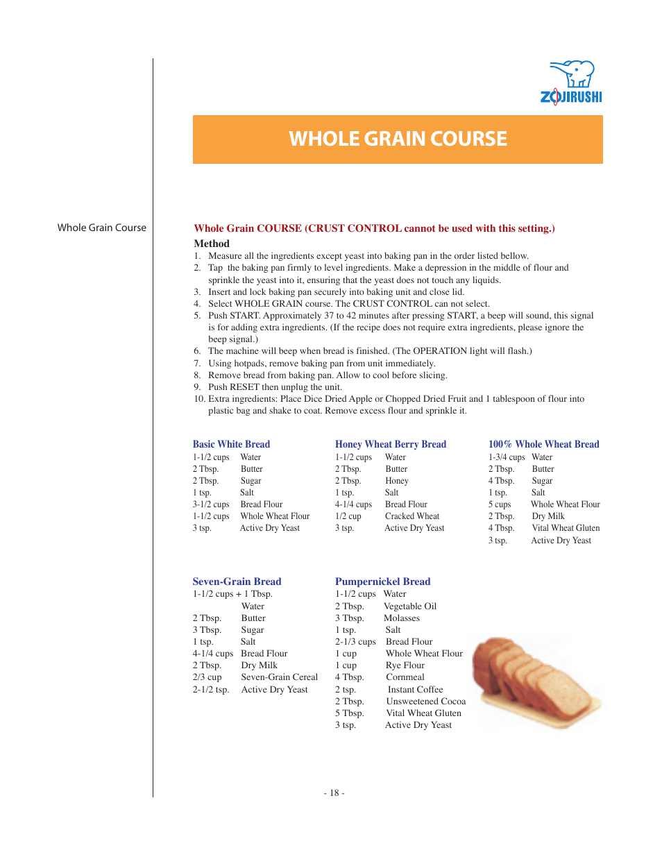 Whole grain course | Zojirushi BBCC-Q20 User Manual | Page 18 / 28