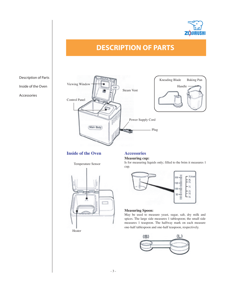 Description of parts | Zojirushi BBCC-Q20 User Manual | Page 3 / 28