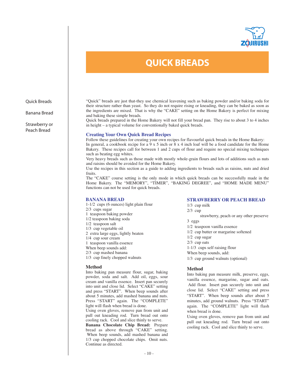 Quick breads | Zojirushi DC199B User Manual | Page 10 / 15