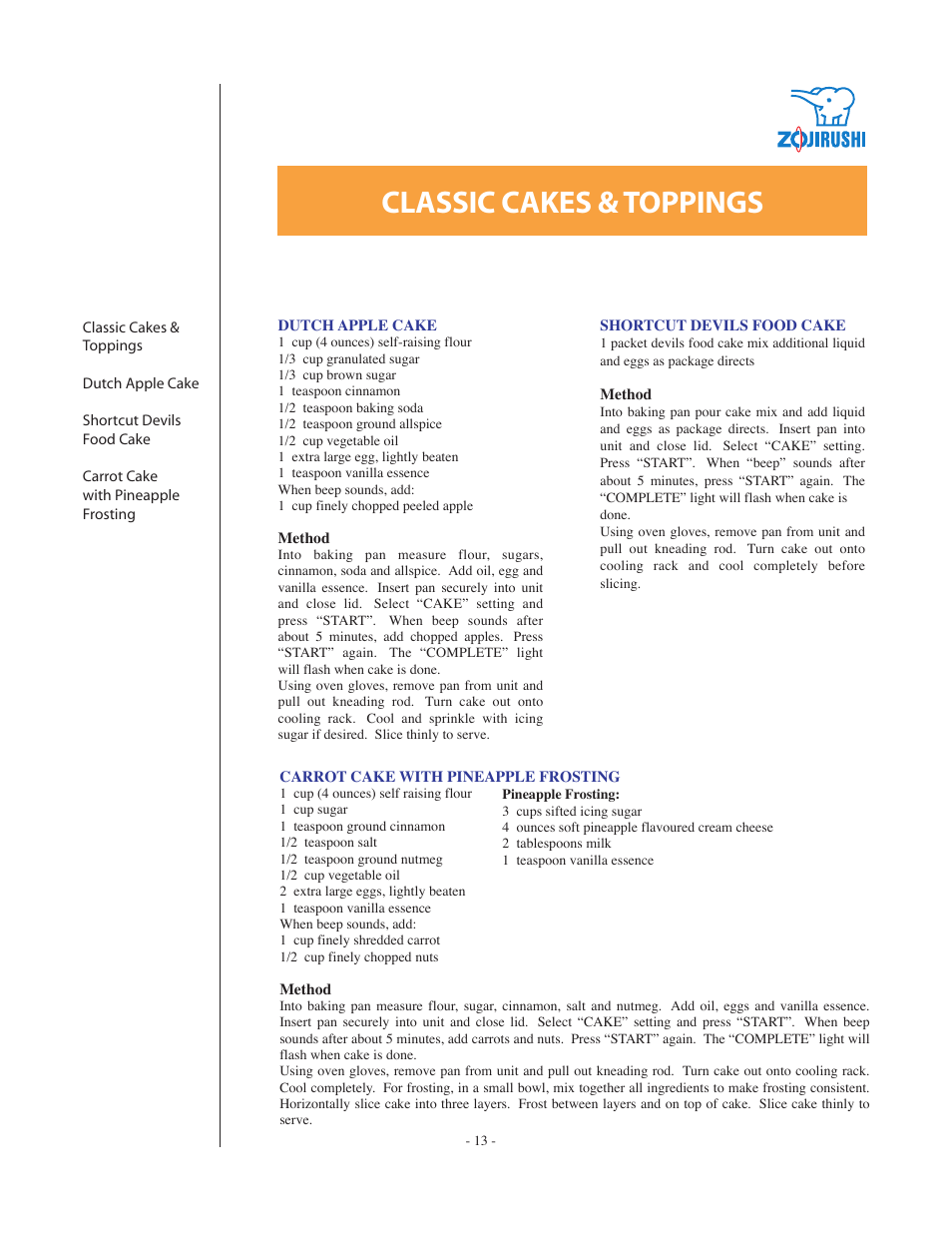 Classic cakes & toppings | Zojirushi DC199B User Manual | Page 13 / 15